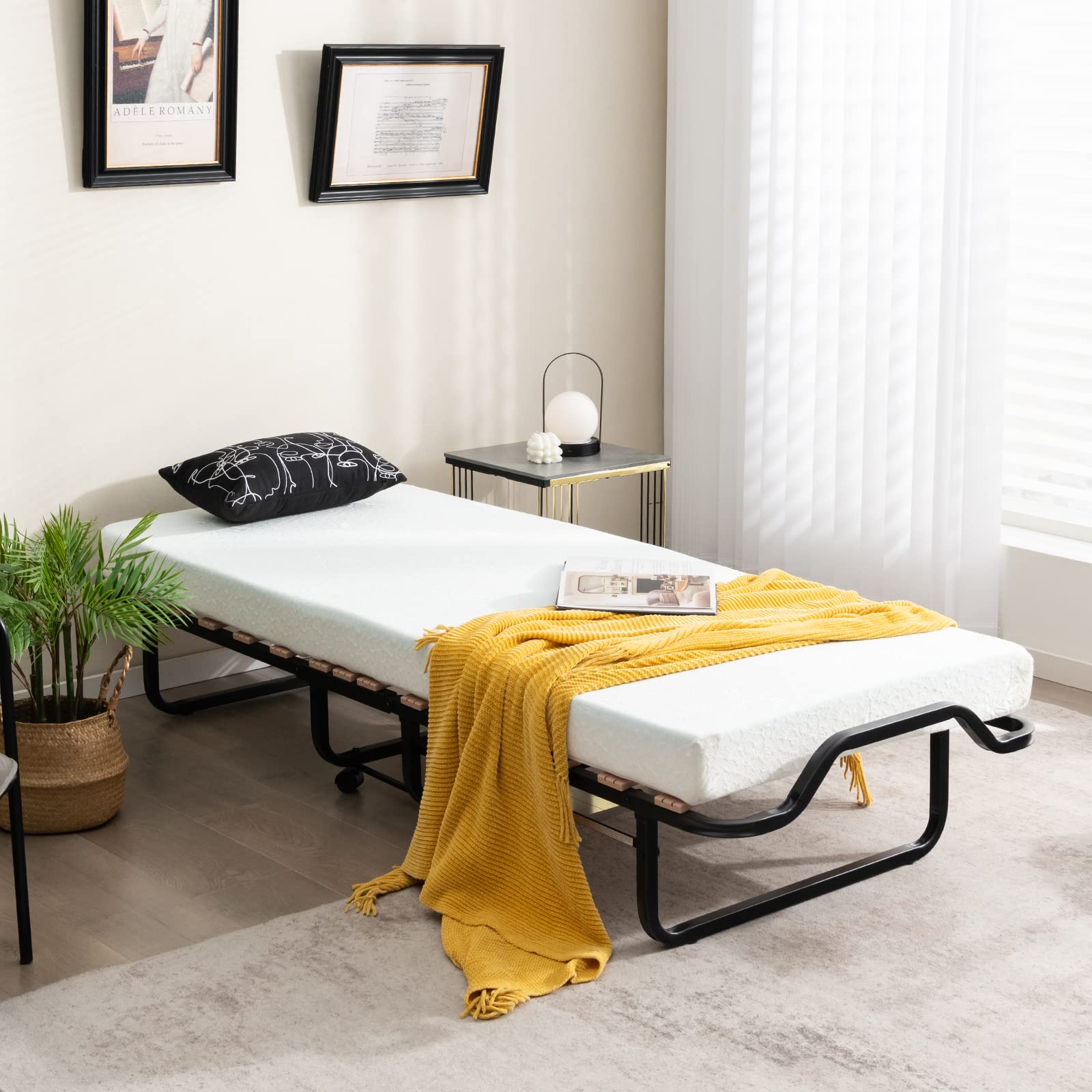 Folding Bed with 4 Inch Memory Foam Mattress & Solid Wood Slats