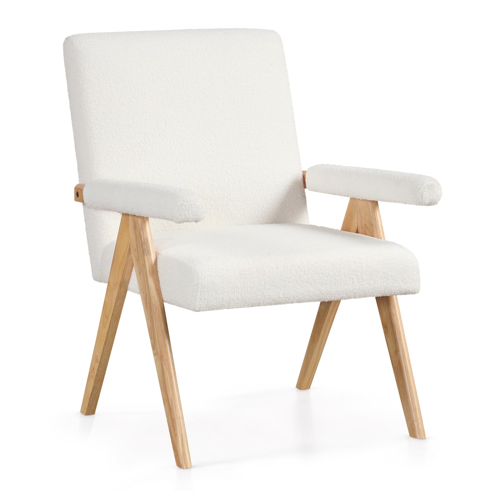 Mid-Century Modern Accent Chair, Sherpa Fabric Reading Chair with Padded Armrests, Solid Rubber Wood Frame