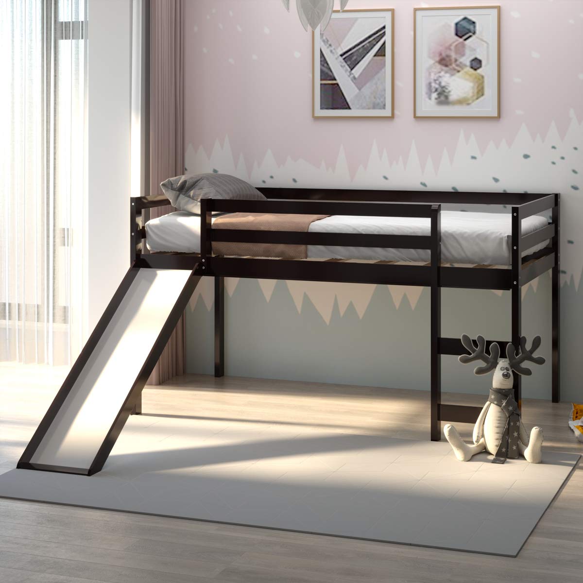 Twin Size Wood Low Loft Bed with Slide, Ladder & Guard Rail