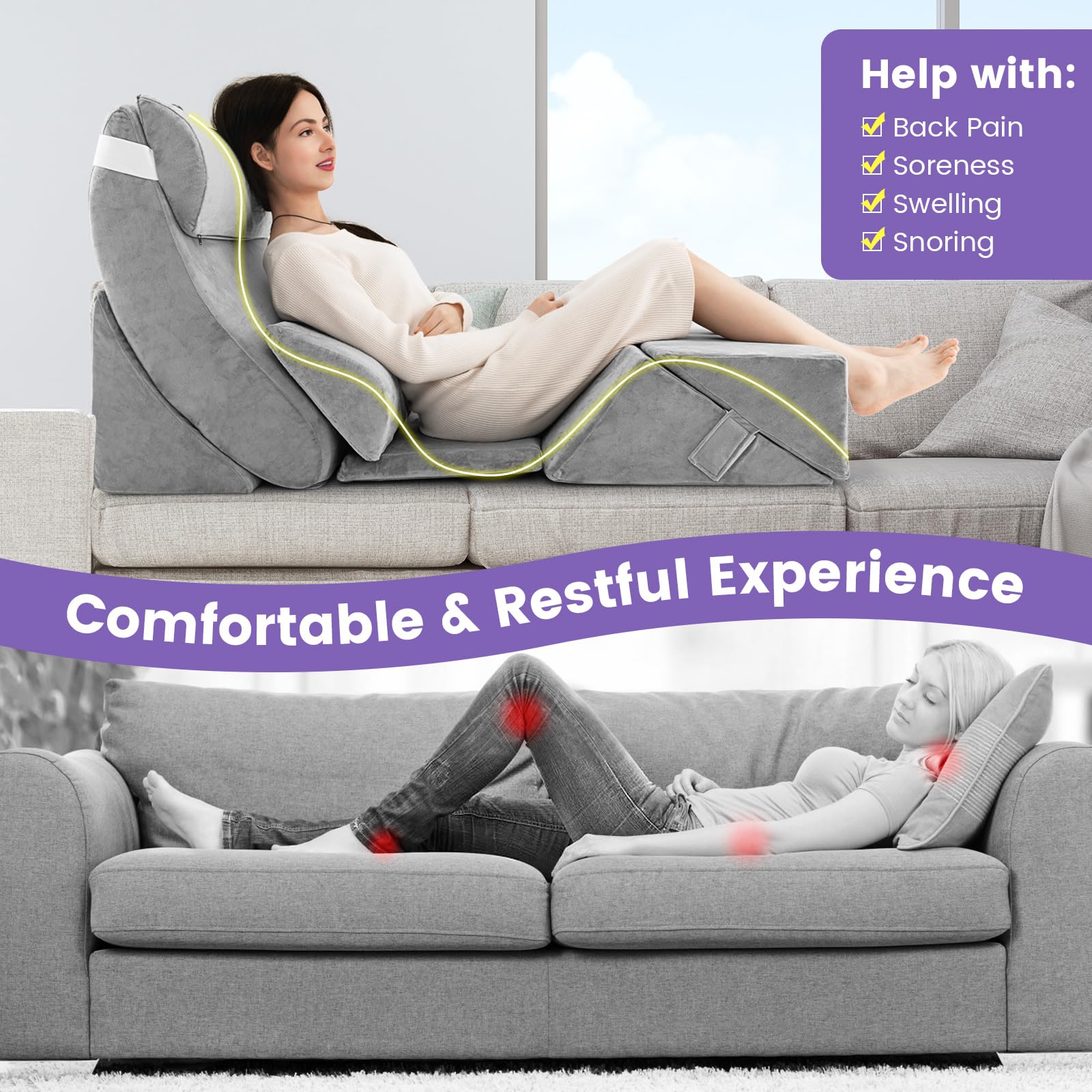 7 PCS Orthopedic Bed Wedge Pillow Set, Bed Wedge Pillows with Memory Foam for Neck, Back & Leg Pain Relief
