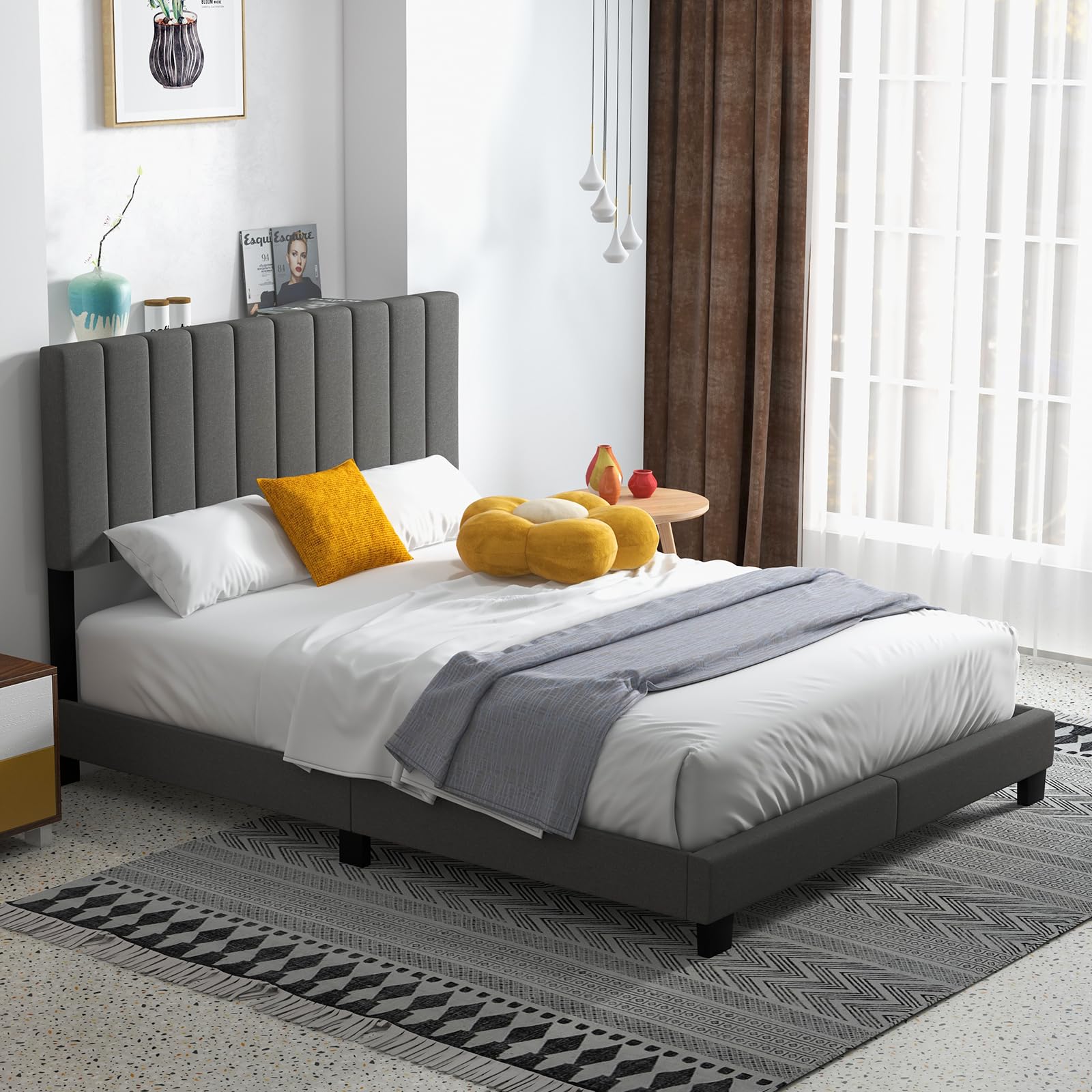 Queen Size Upholstered Bed Frame with Vertical Channel Tufted Headboard