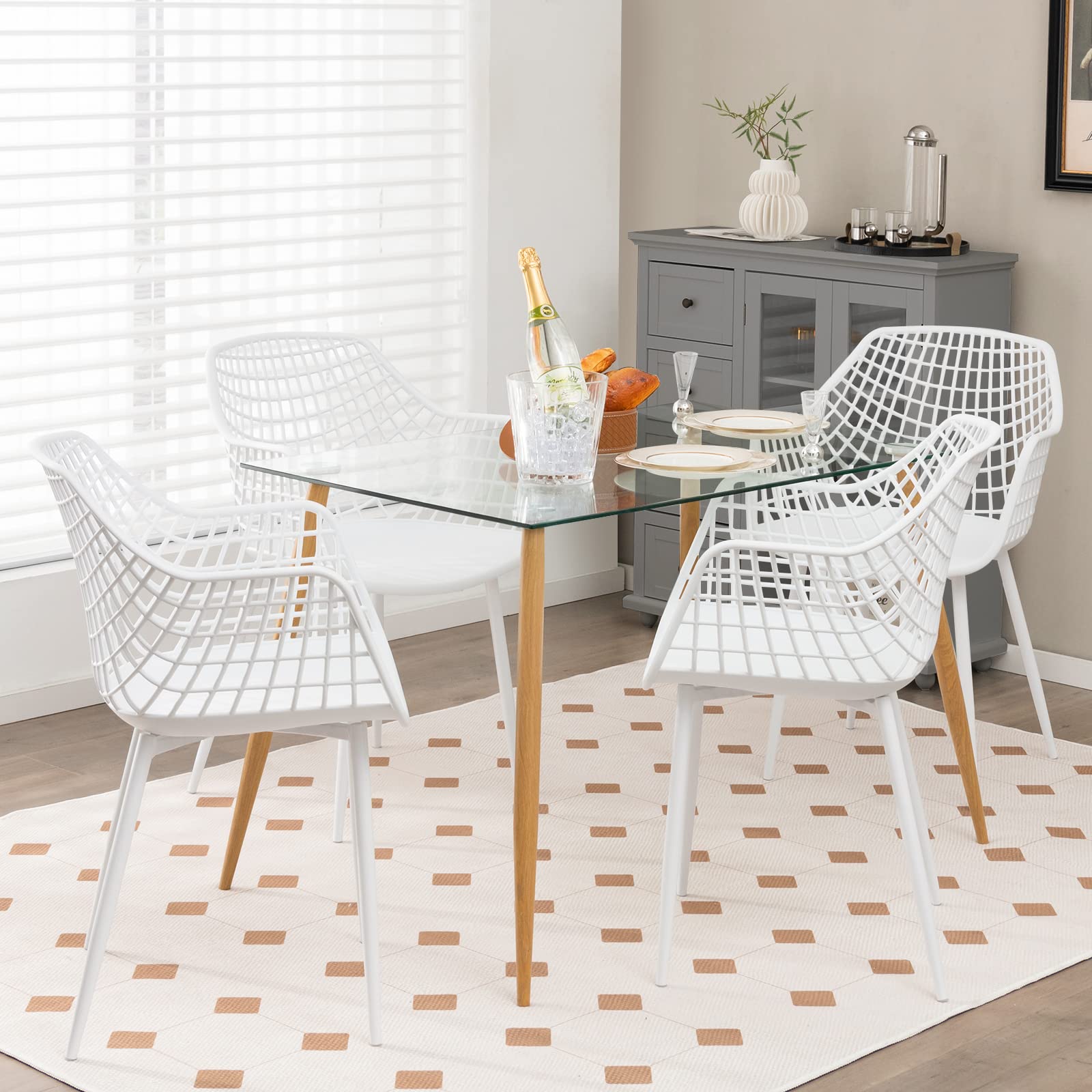 Modern Dining Chairs Set of 4 - Arm Chair with 15" High Backrest, Powder-Coated Metal Legs, Anti-Slip Foot Pads