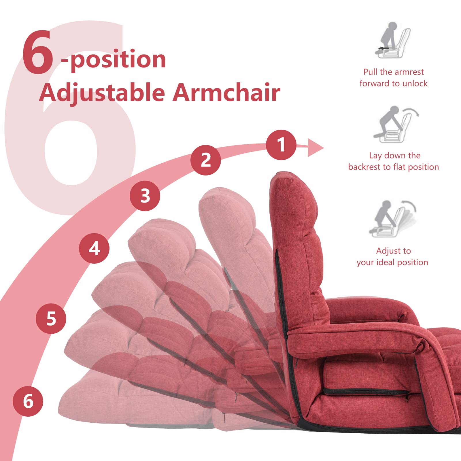 Adjustable Floor Chair, Folding Lazy Sofa Chair with 5 Positions, Detachable Seat Cushion