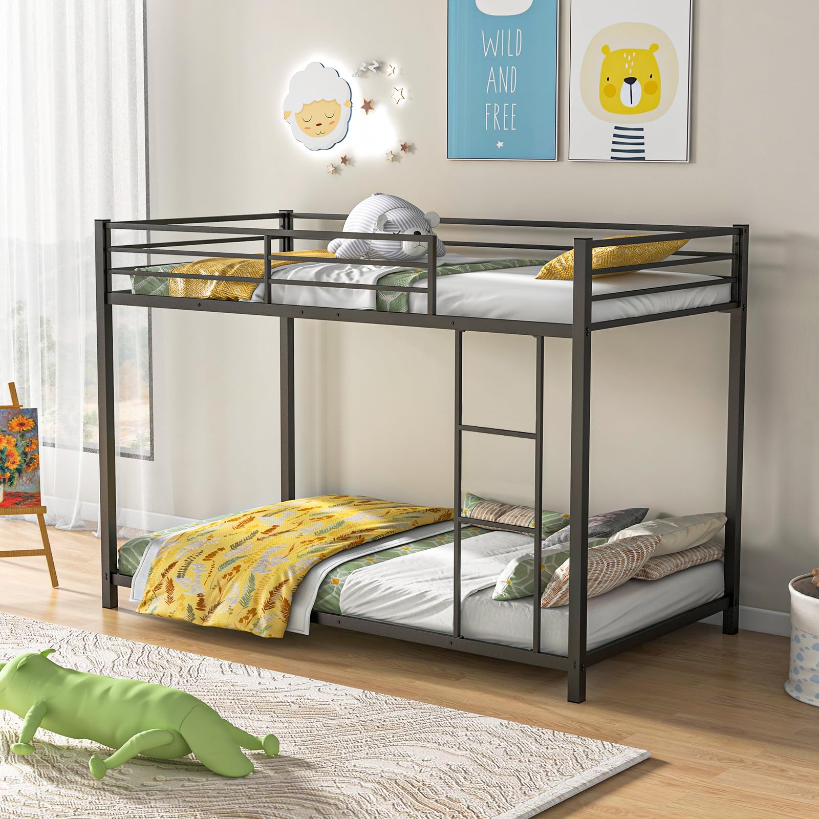 Twin Over Twin Metal Low Floor Bunk Bed with Safety Guard Rail & Ladder