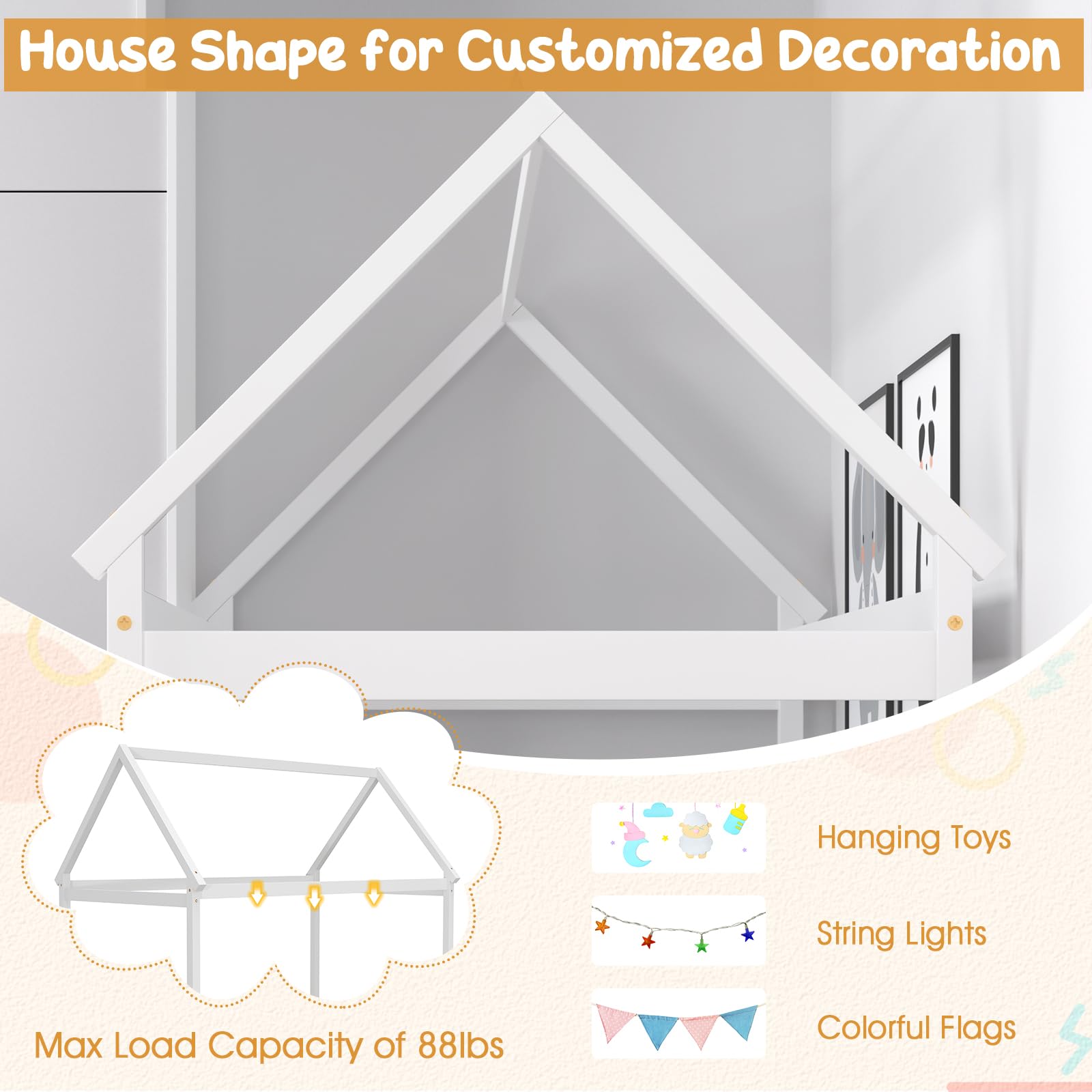 Twin Size House Bed for Kids, Solid Wood Platform Floor Bed with Roof & Multiple Slats
