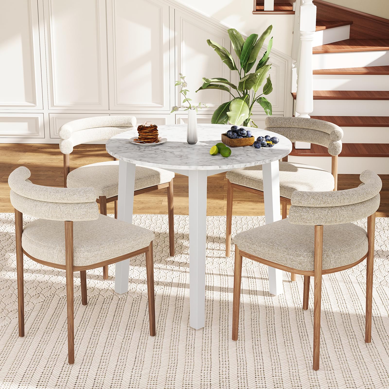 35&rdquo; Round Dining Table - Kitchen Table with Rubber Wood Legs, Marble-Textured Veneer Tabletop
