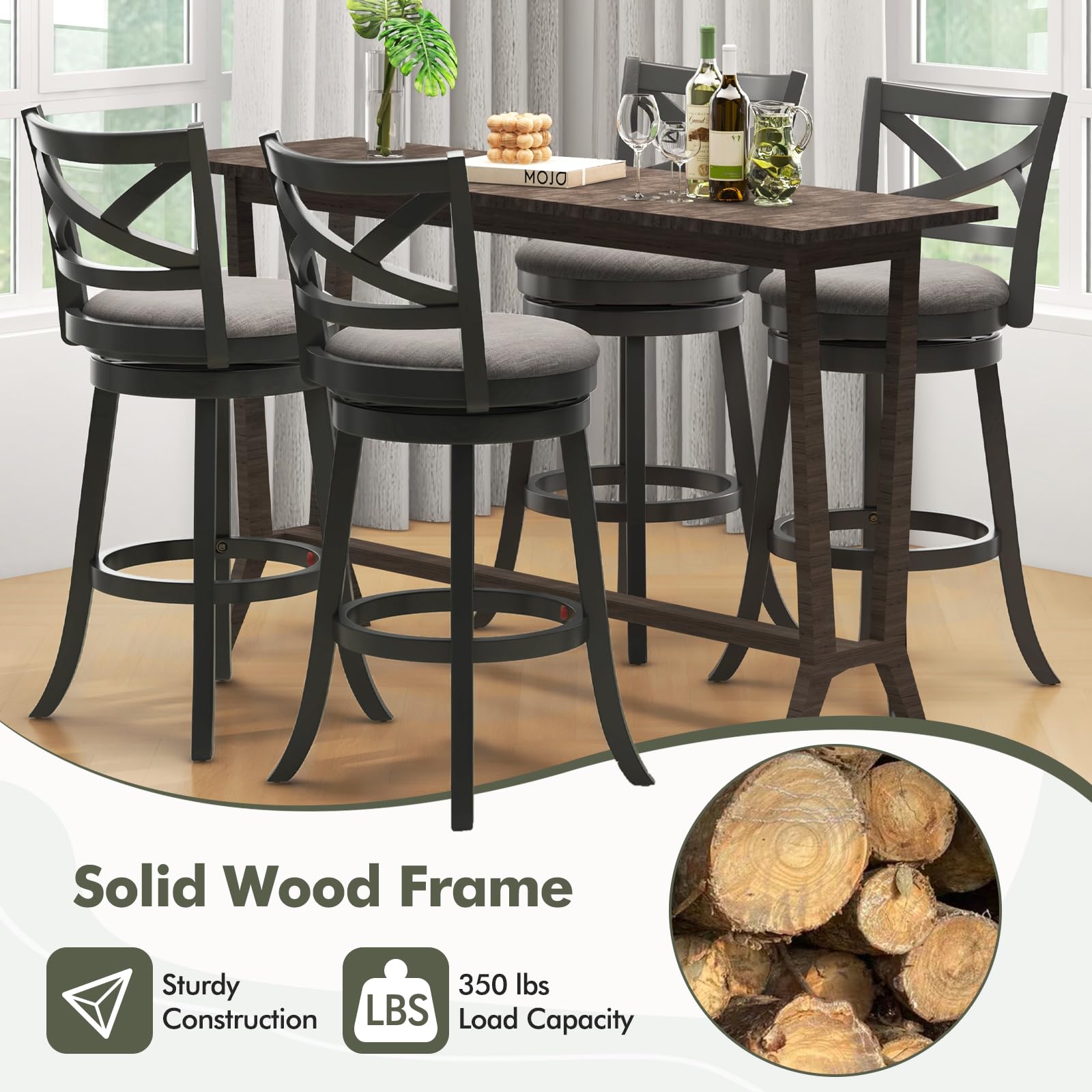 Wood Swivel Bar Stools Set of 2/4, Counter Height Swivel Chairs with Hollow Back & Soft-Padded Seat