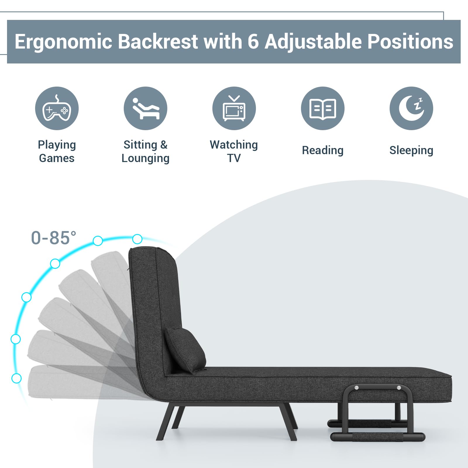Convertible Upholstered Sleeper Chair Bed with Pillow, 4-in-1 Folding Sofa Bed with 6-Position Adjustable Backrest