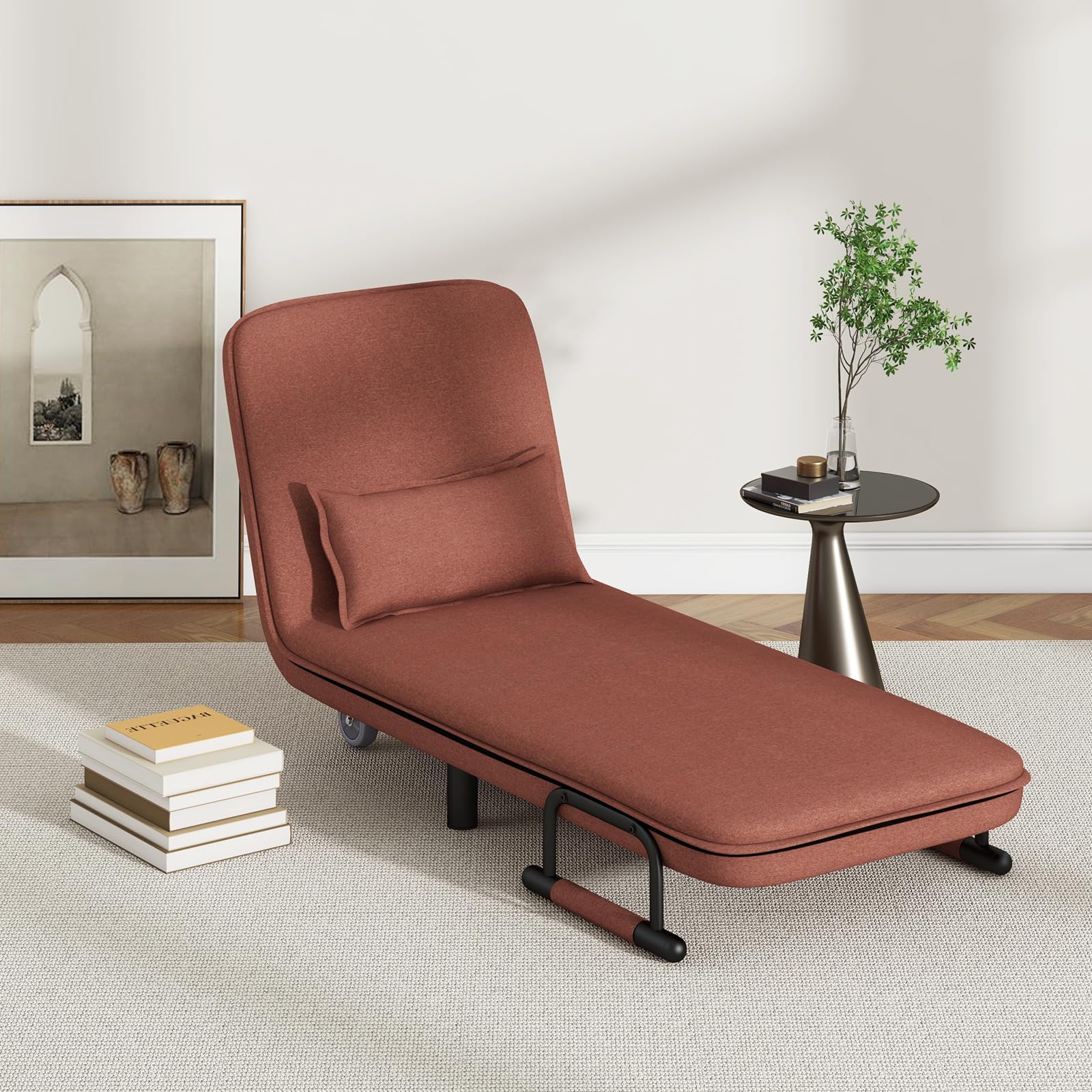 Convertible Chair Bed with 5-Position Adjustable Backrest & Lumbar Pillow, 2 Hidden Metal Legs & 2 Lockable Casters