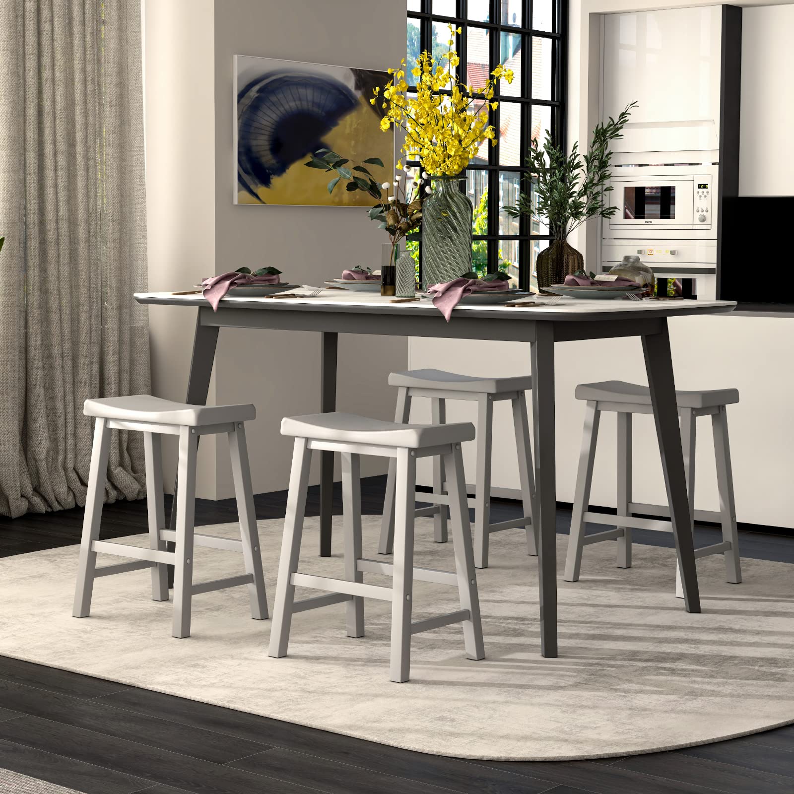 Saddle Stools Set of 2/4, 24-inch Counter Height Barstools with Solid Wood Legs & Footrests