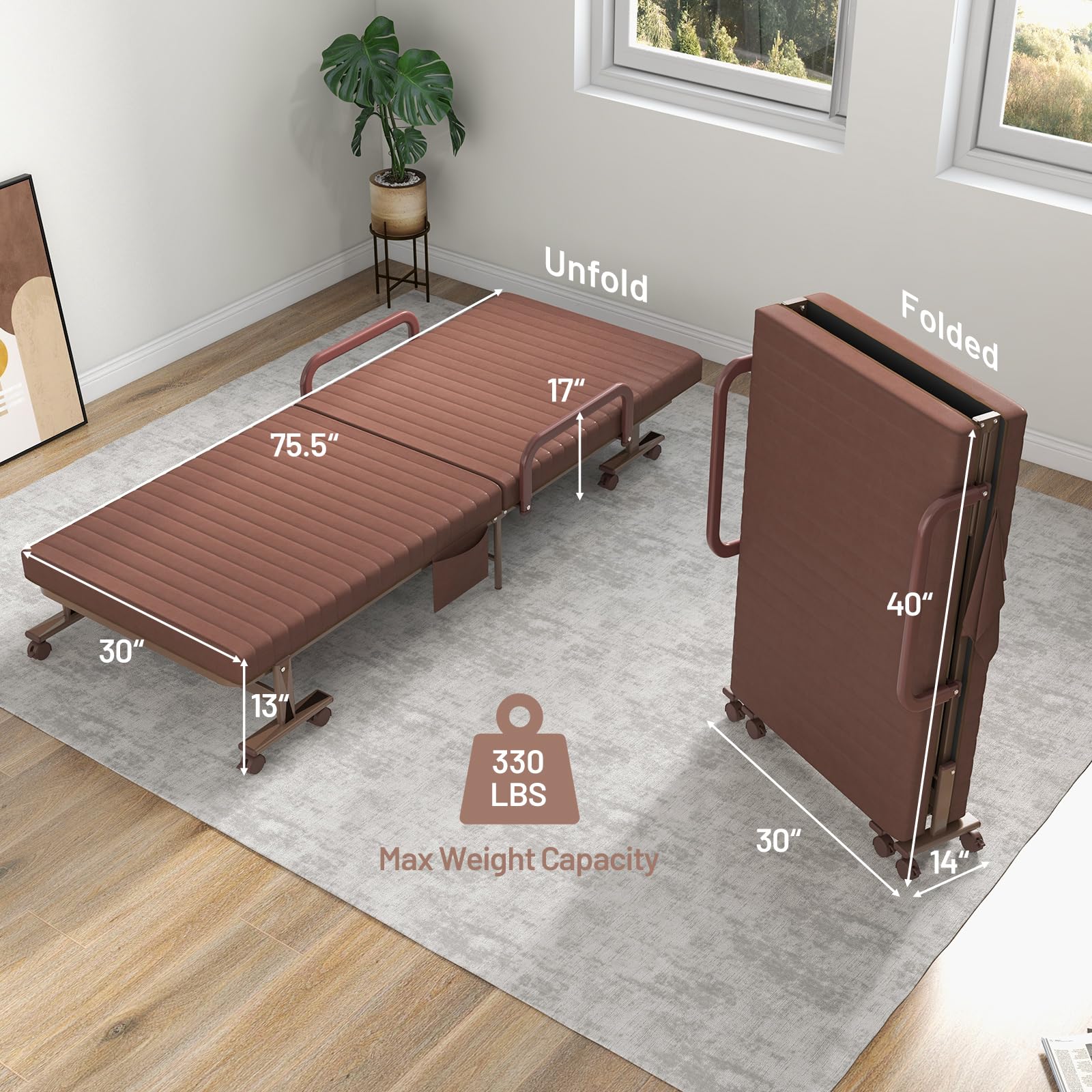 Folding Bed With Mattress, Portable Guest Bed With Adjustable 6 Position & Side Storage Pocket