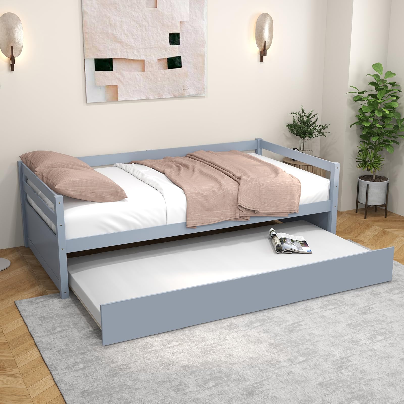 Twin Daybed with Trundle, Wood Trundle Bed with Wood Slat Support