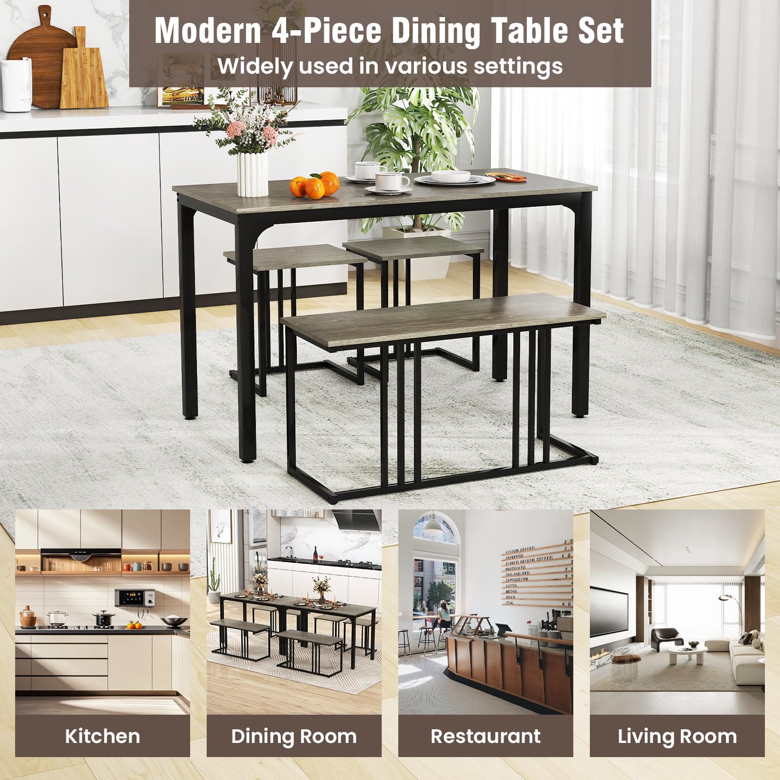4 Piece Dining Table Set for 4 with Bench & 2 Stools, Space-Saving Desk Set