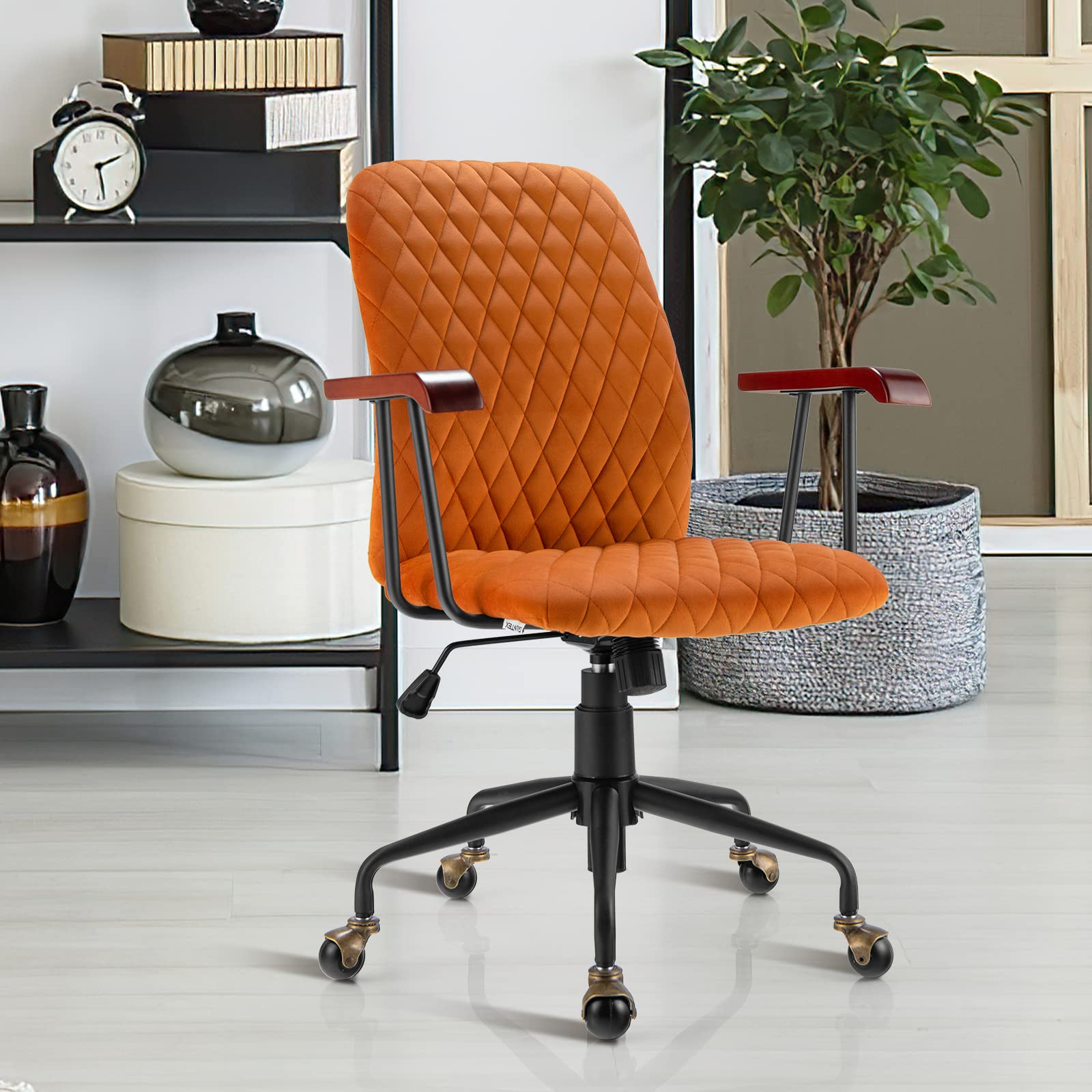 Home Office Desk Chair, Vintage Adjustable Swivel Rolling Chair with Copper Wheels & Armrest