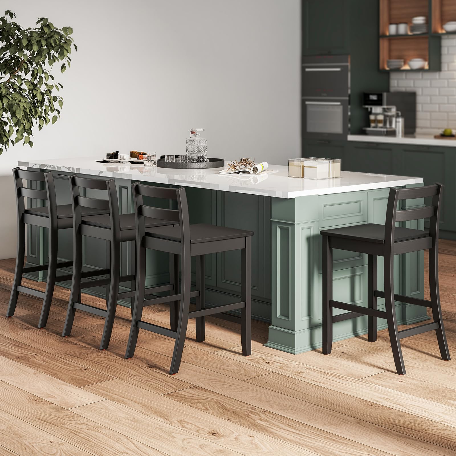 Wooden Bar Stools Set of 2/4, 24-Inch Counter Height Stools with Ergonomic Backrest & Footrest