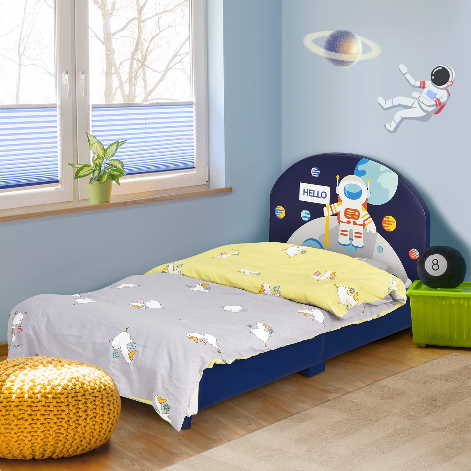 Kids Bed, Toddler Upholstered Platform Floor Bed w/Headboard & Wooden Slat Base