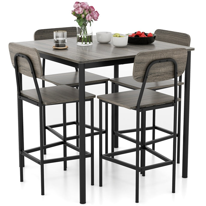 5 Piece Dining Table Set with Counter Height Table & 4 Bar Stools, Industrial Kitchen Dining Table Set  with Footrest & Backrest