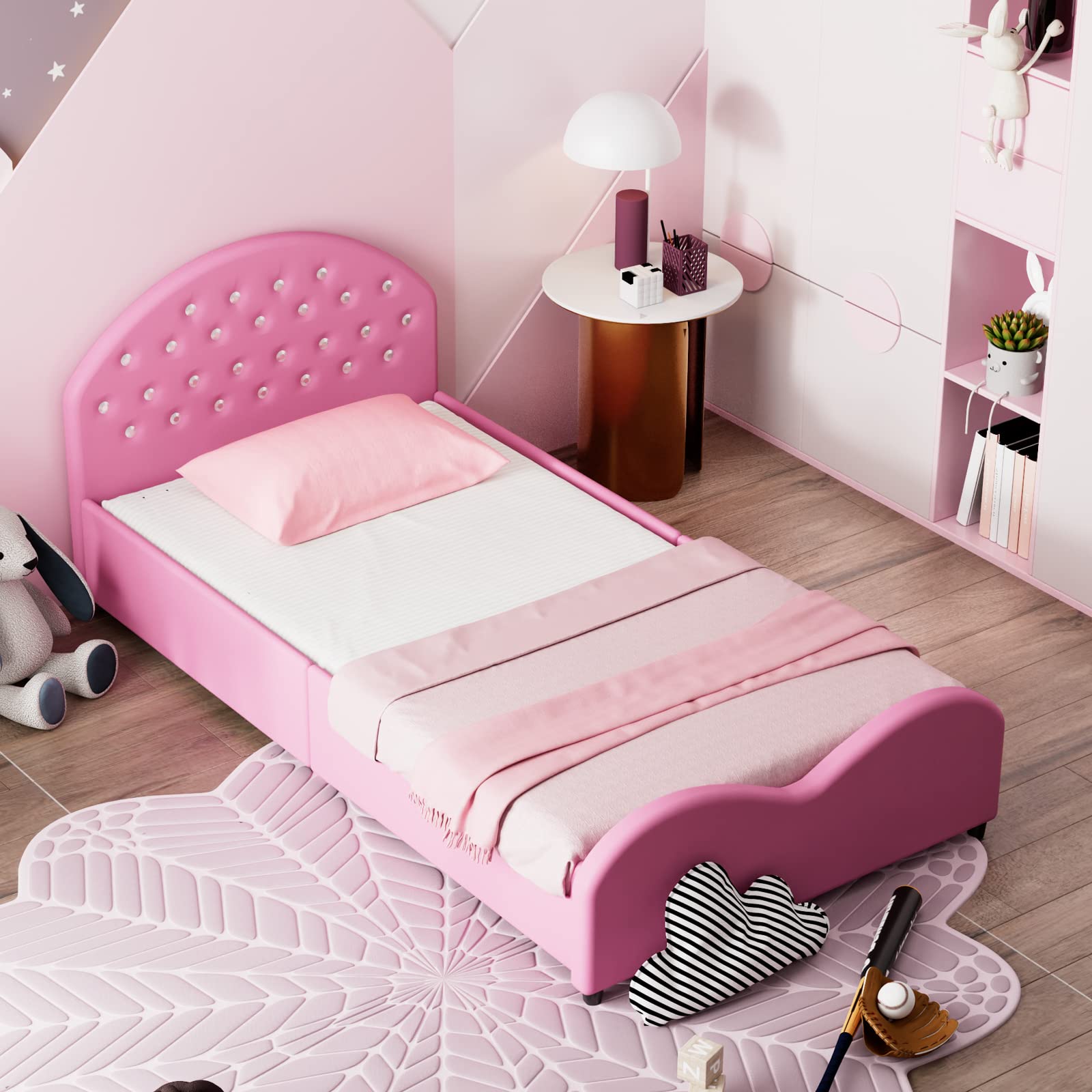 Kids Twin Bed Frame with Headboard, Toddler Upholstered Platform Bed with Slatted Bed Base