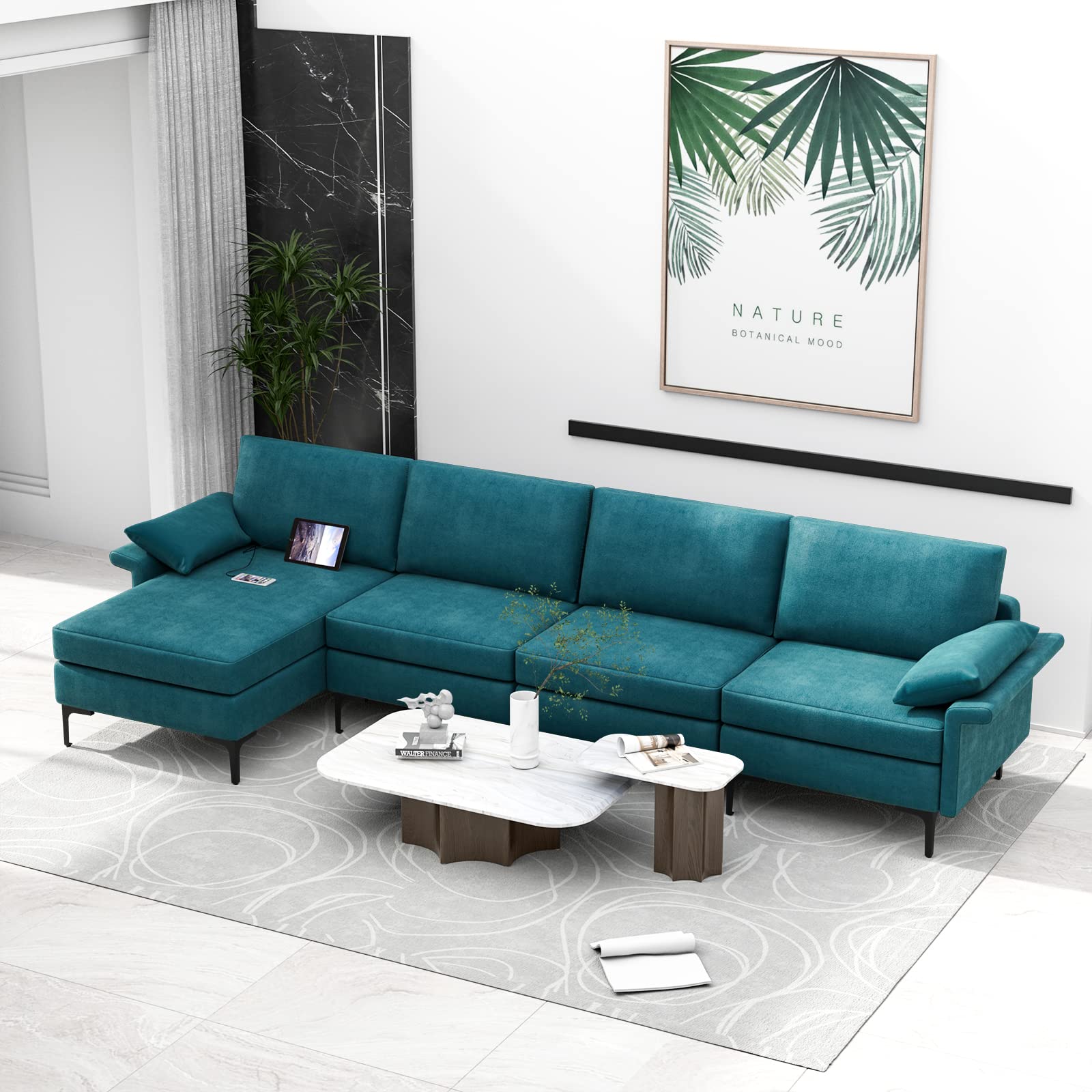 130.5 Inch Extra Large Convertible Sectional Sofa with Reversible Chaise Lounge, 3-Hole Outlets & 4 USB Ports