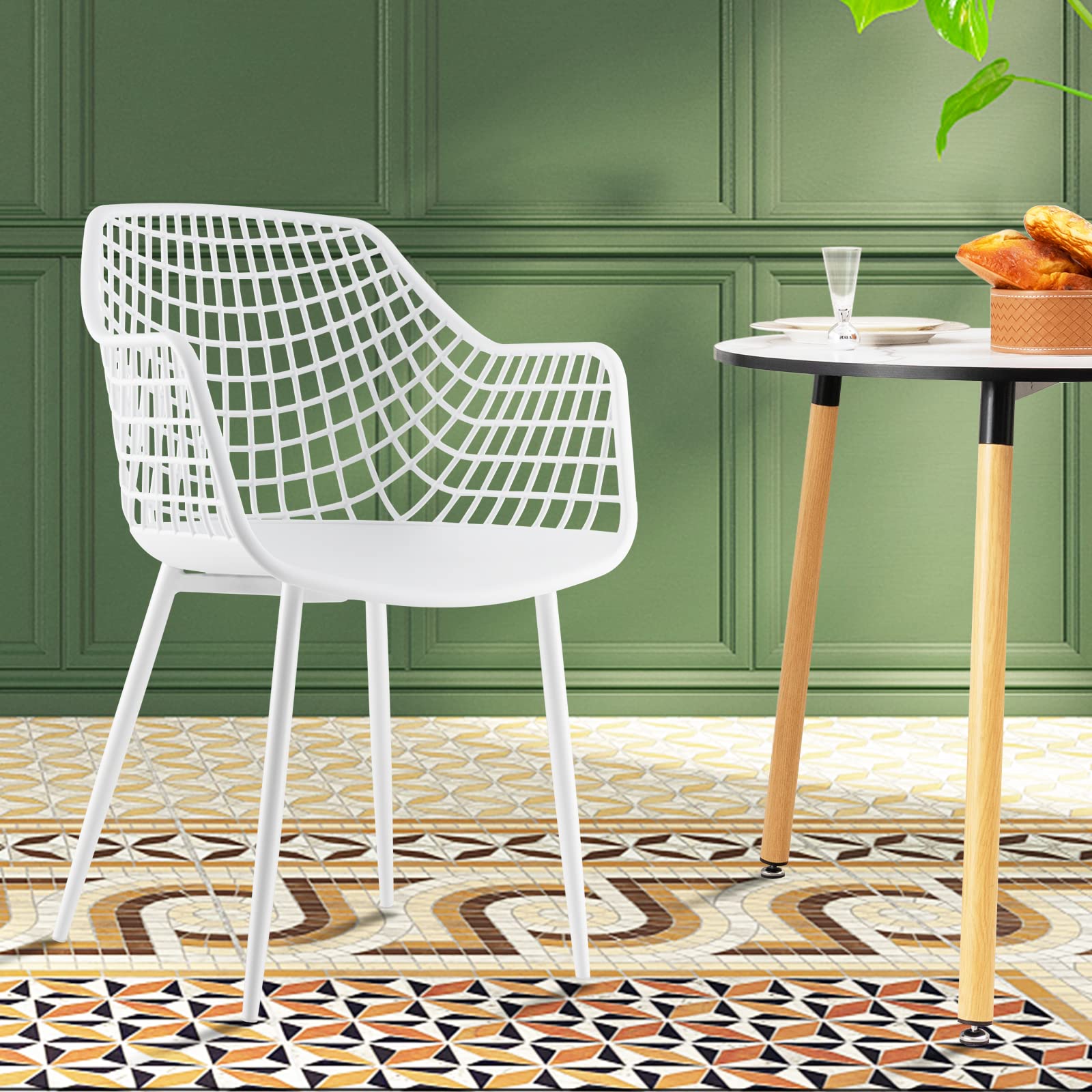 Modern Dining Chairs Set of 4 - Arm Chair with 15" High Backrest, Powder-Coated Metal Legs, Anti-Slip Foot Pads