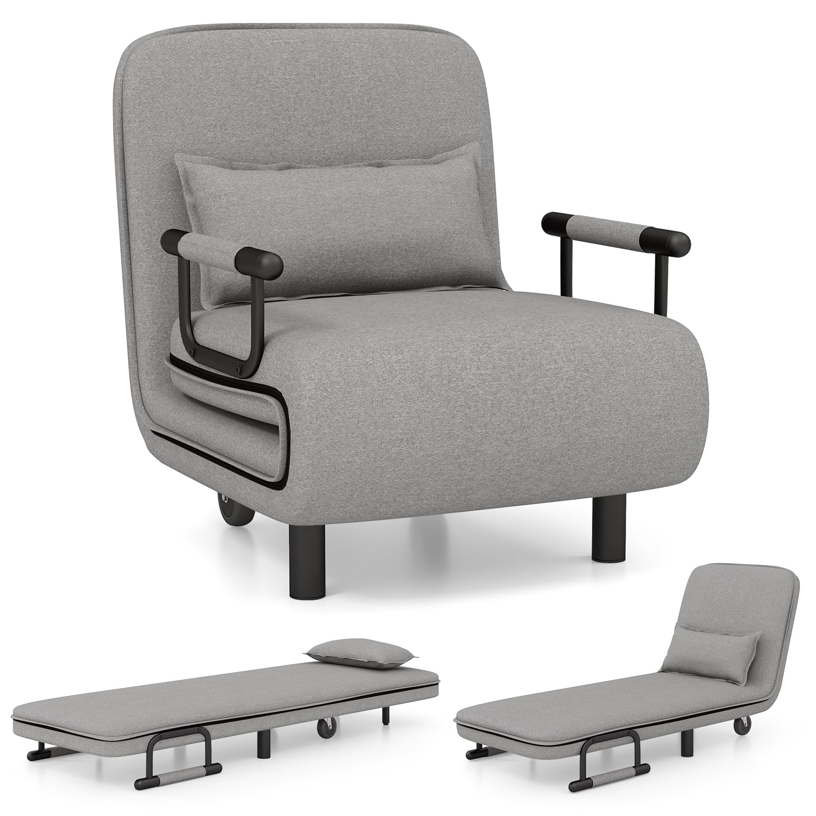 Convertible Chair Bed with 5-Position Adjustable Backrest & Lumbar Pillow, 2 Hidden Metal Legs & 2 Lockable Casters