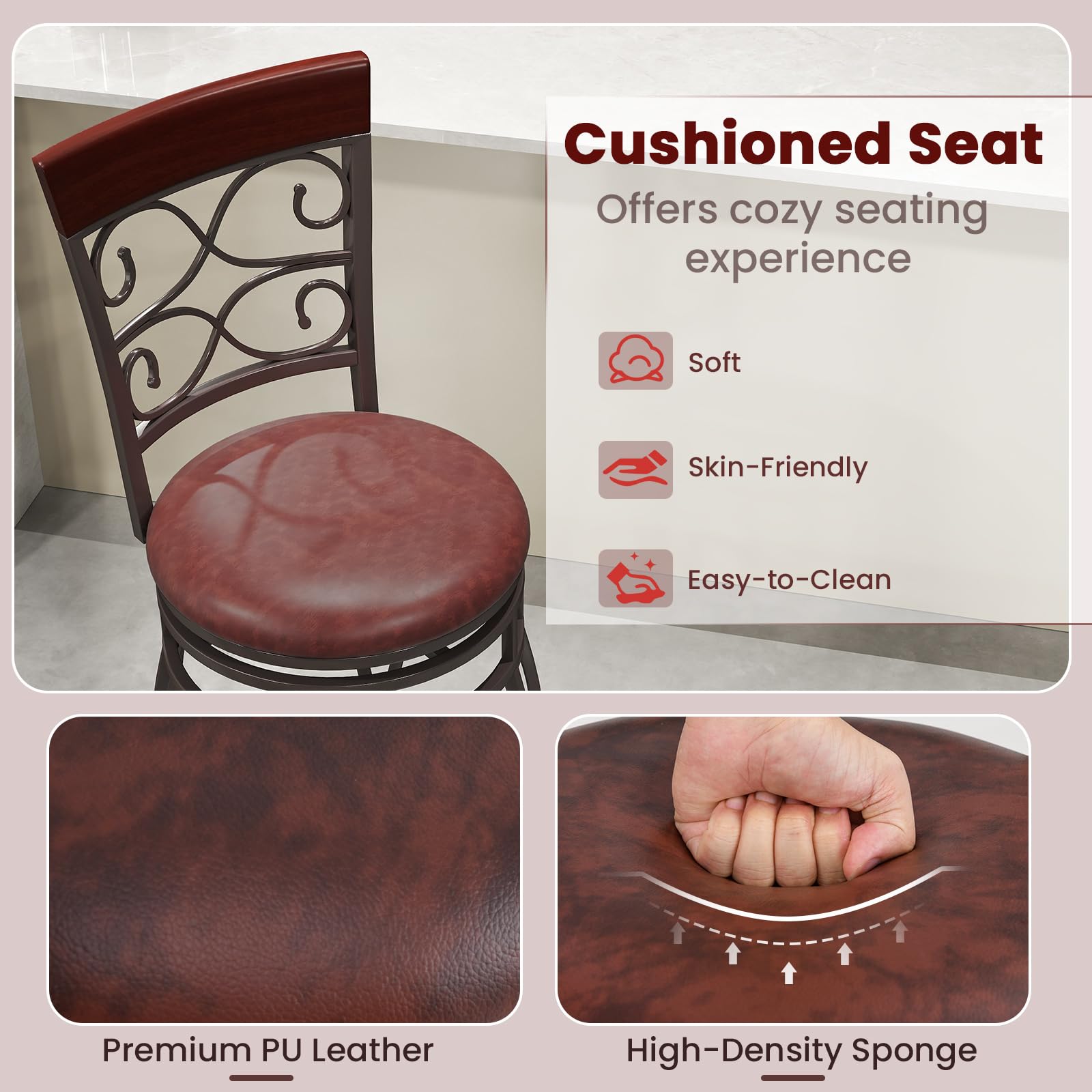 Swivel Bar Stools Set of 2/4, Counter Height Bar Stools with Back, Upholstered PU Leather Seat, Footrest