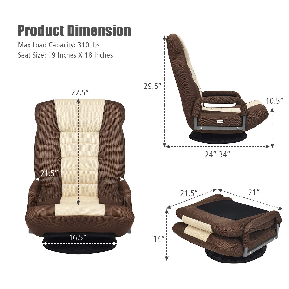 360-Degree Foldable Swivel Gaming Floor Chair With 6 Adjustable Position, Armrests, Padded Backrest