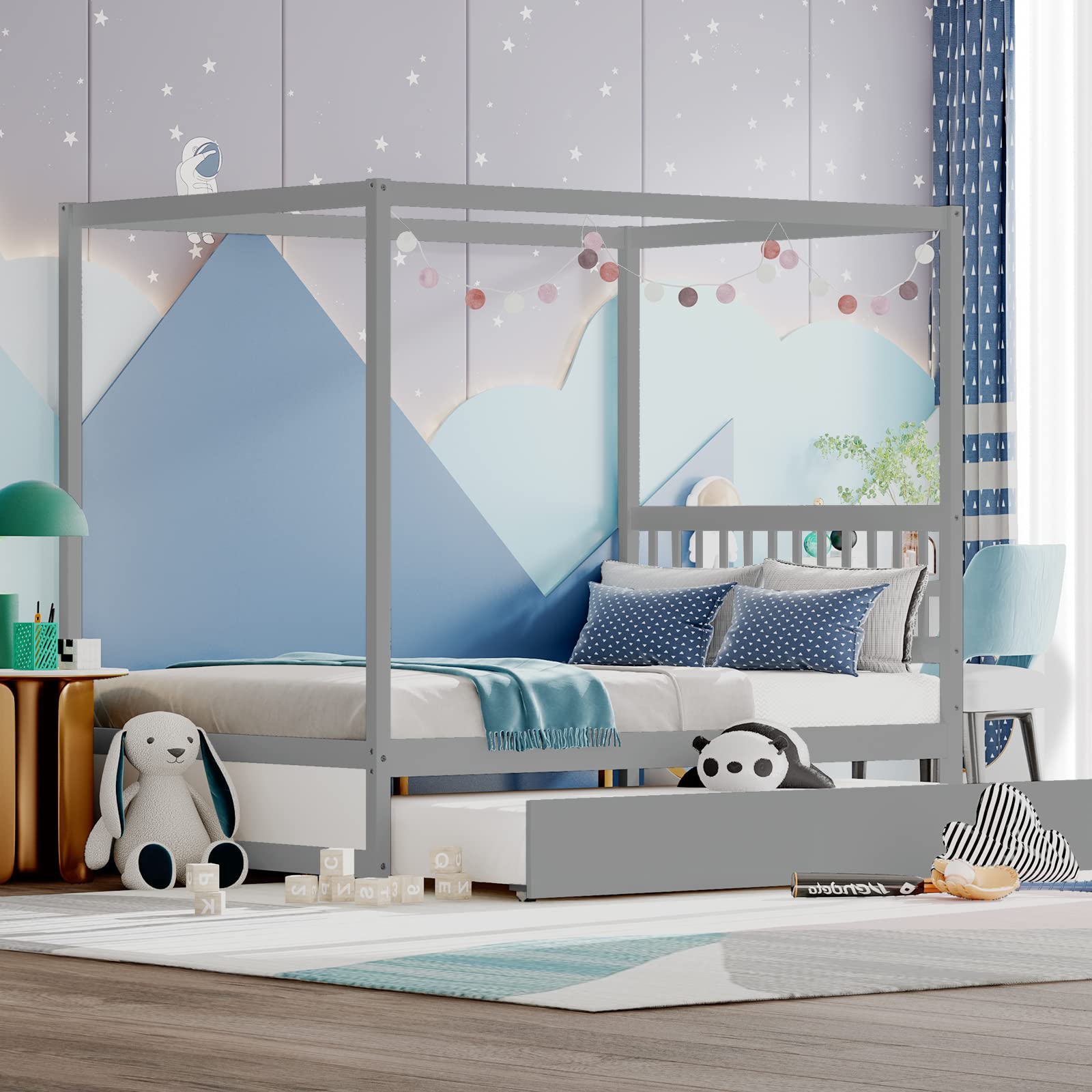 Wood Canopy Bunk Bed with Trundle, Full Size Solid Wood Platform Bed with Headboard