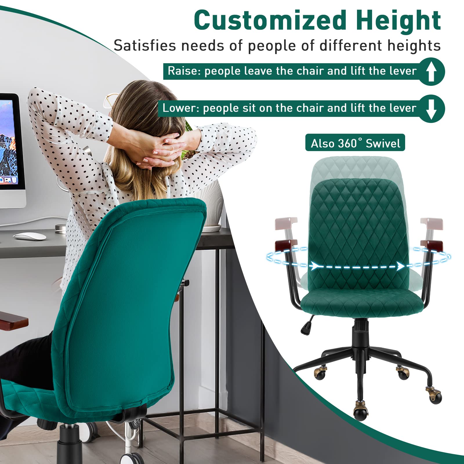 Home Office Desk Chair, Vintage Adjustable Swivel Rolling Chair with Copper Wheels & Armrest