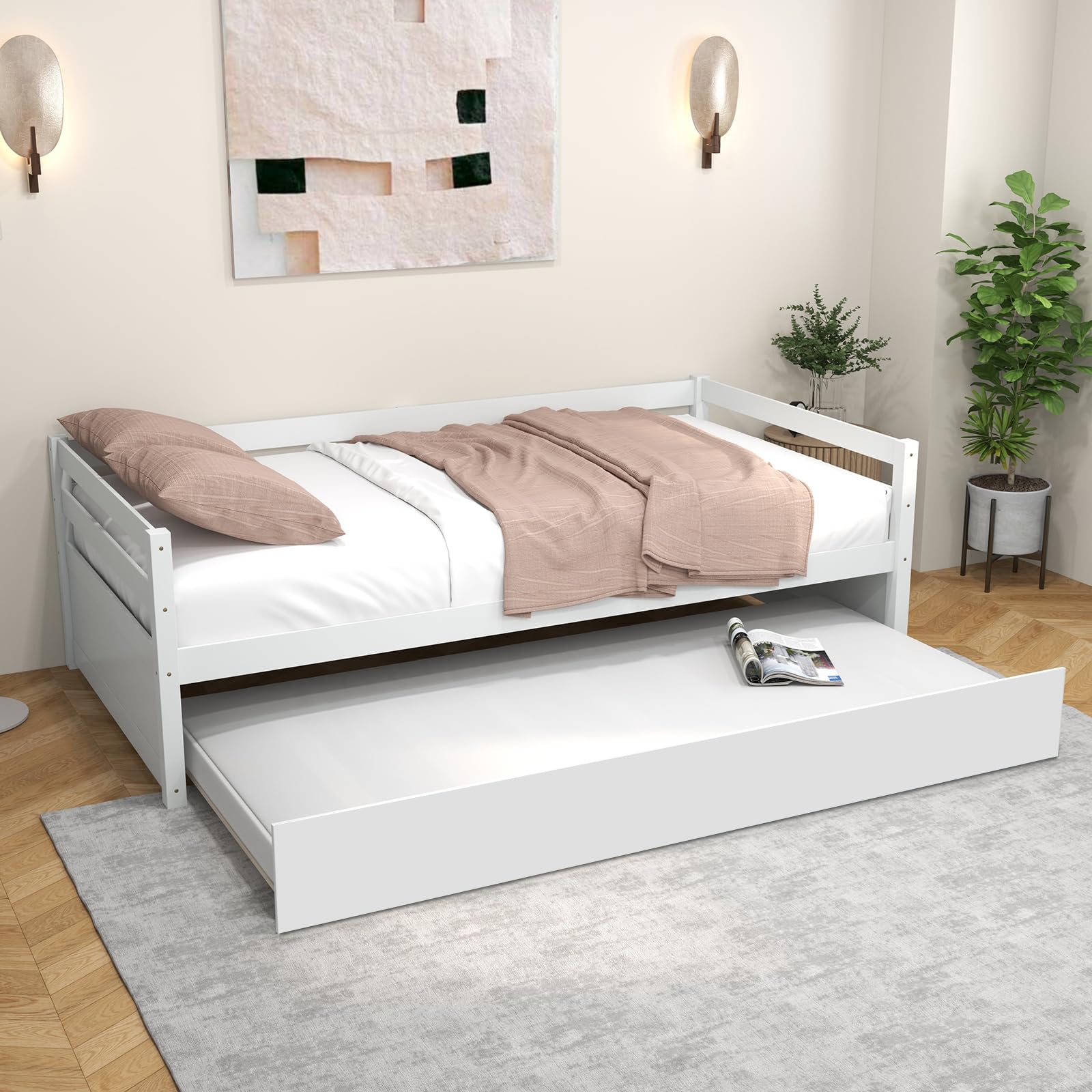 Twin Daybed with Trundle, Wood Trundle Bed with Wood Slat Support