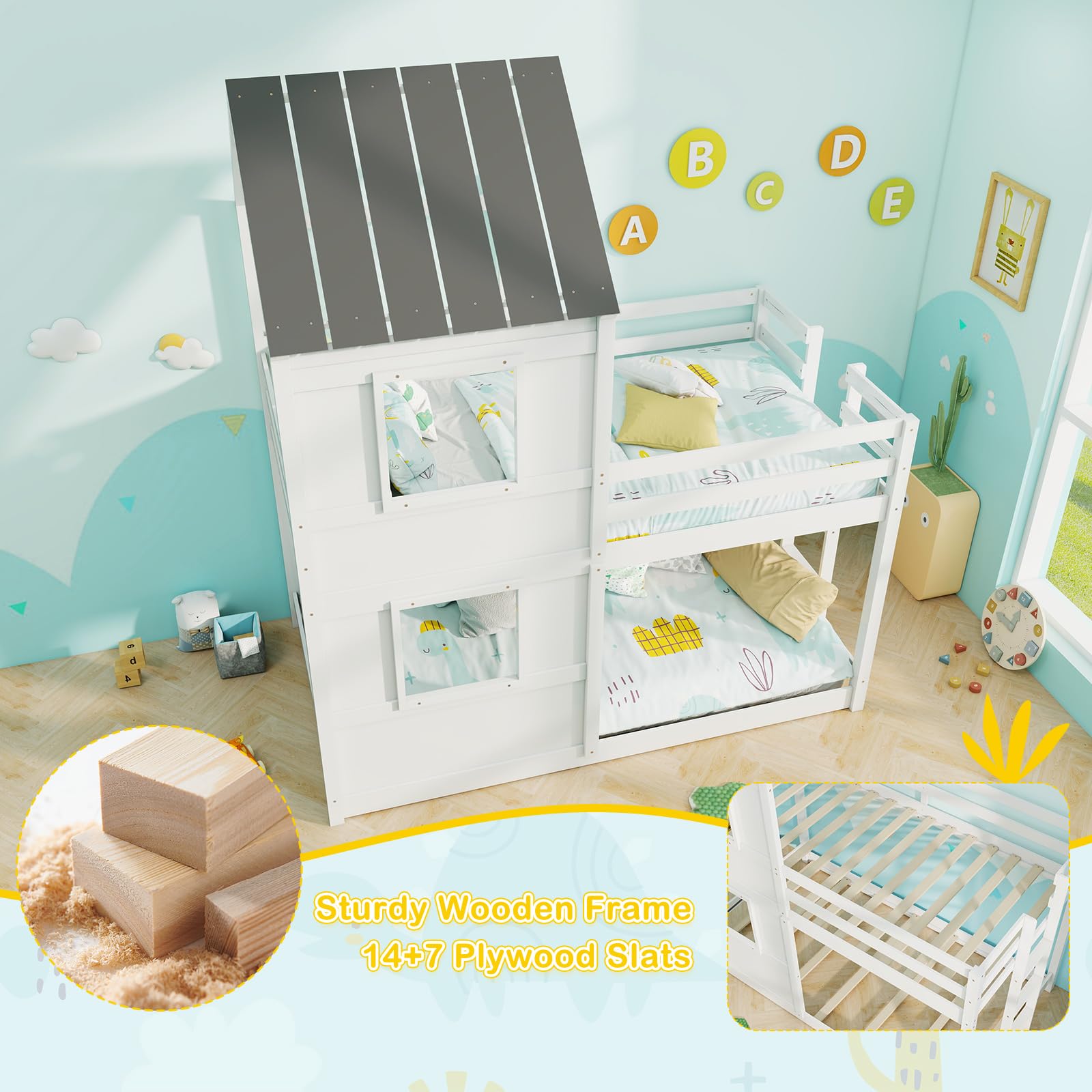 Twin Over Twin Wood Floor Bunk Bed with Built in Ladder, Window & Safety Guardrail