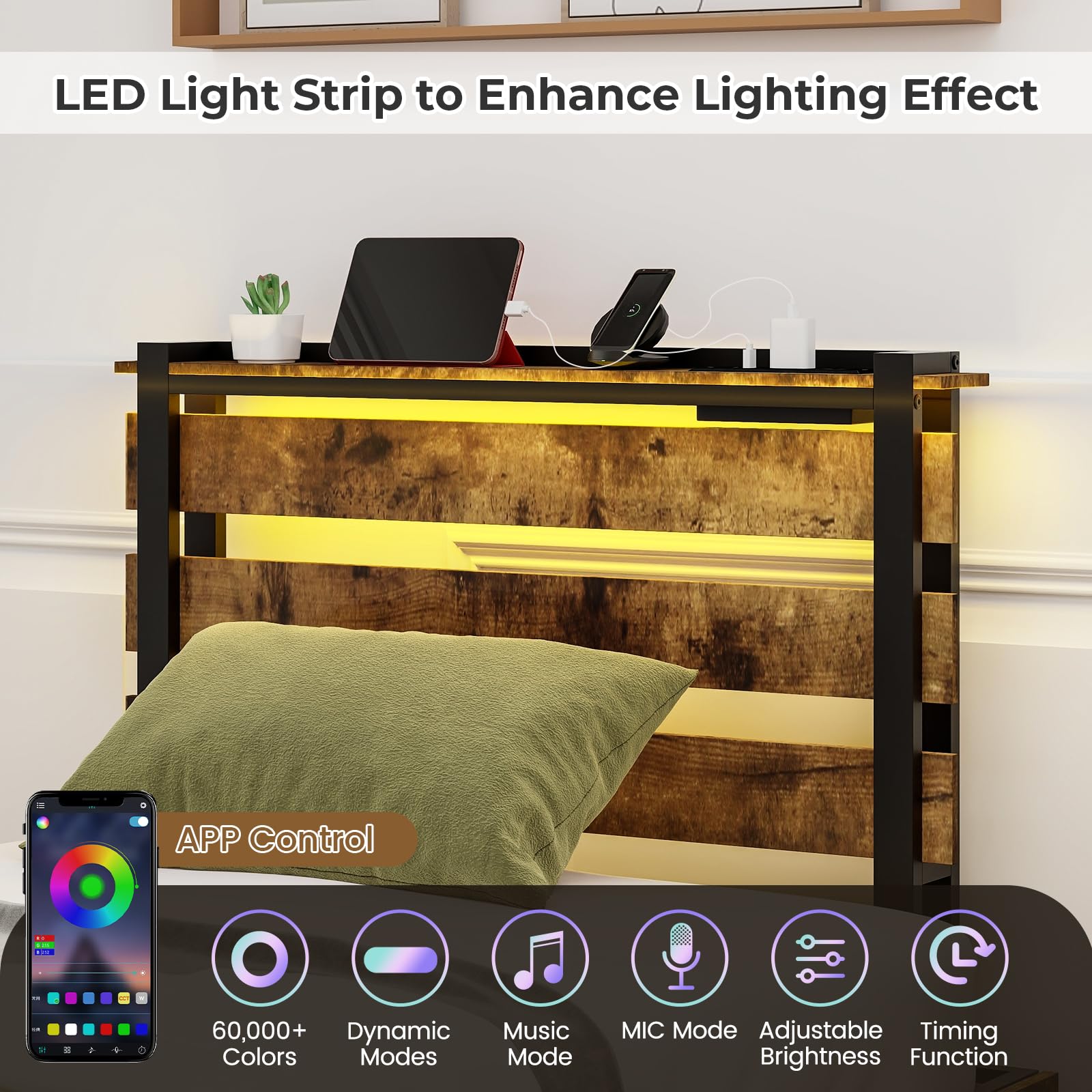 Industrial Bed Frame with 4 Drawers & LED Lights Headboard