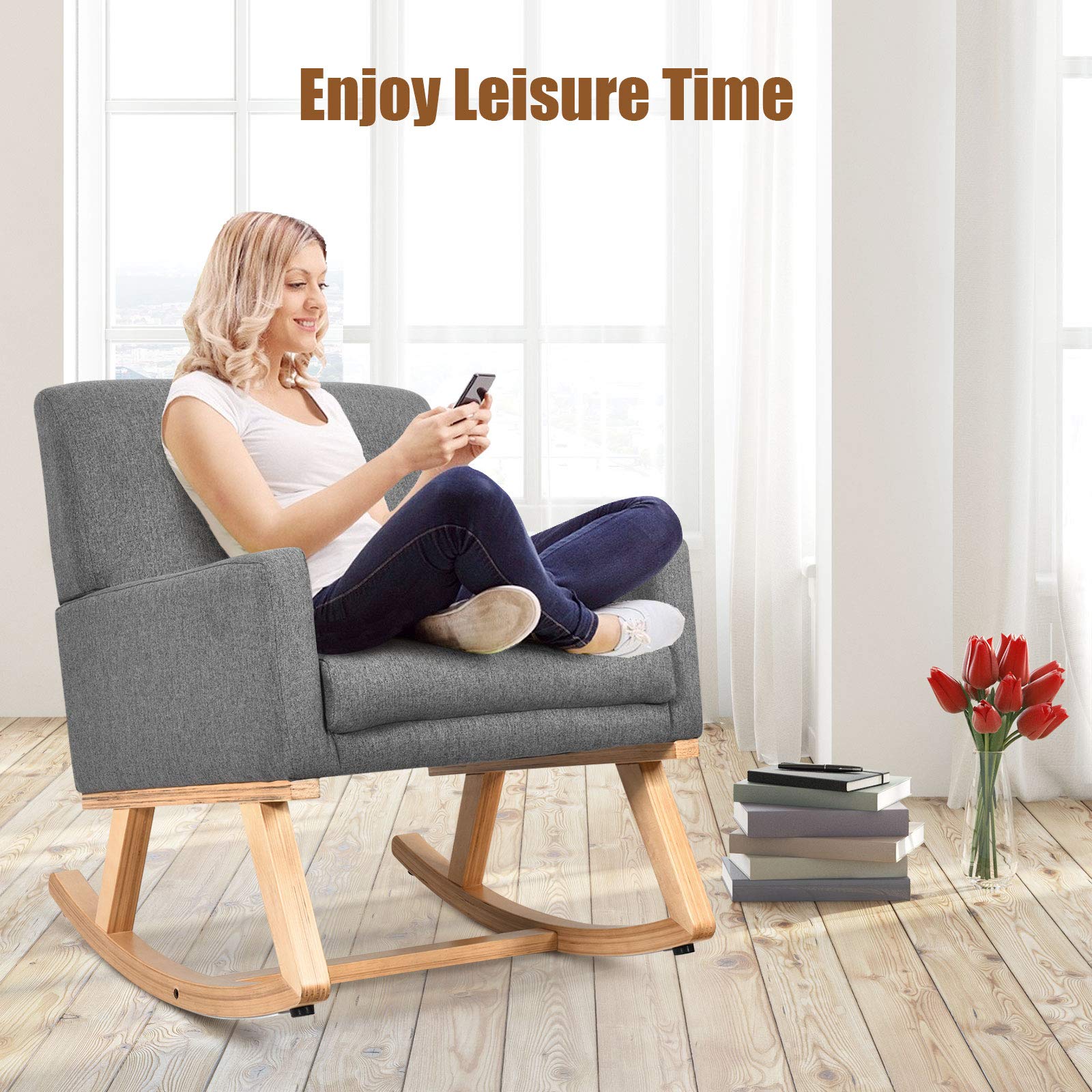 Upholstered Rocking Chair with Fabric Padded Seat and Solid Wood Base