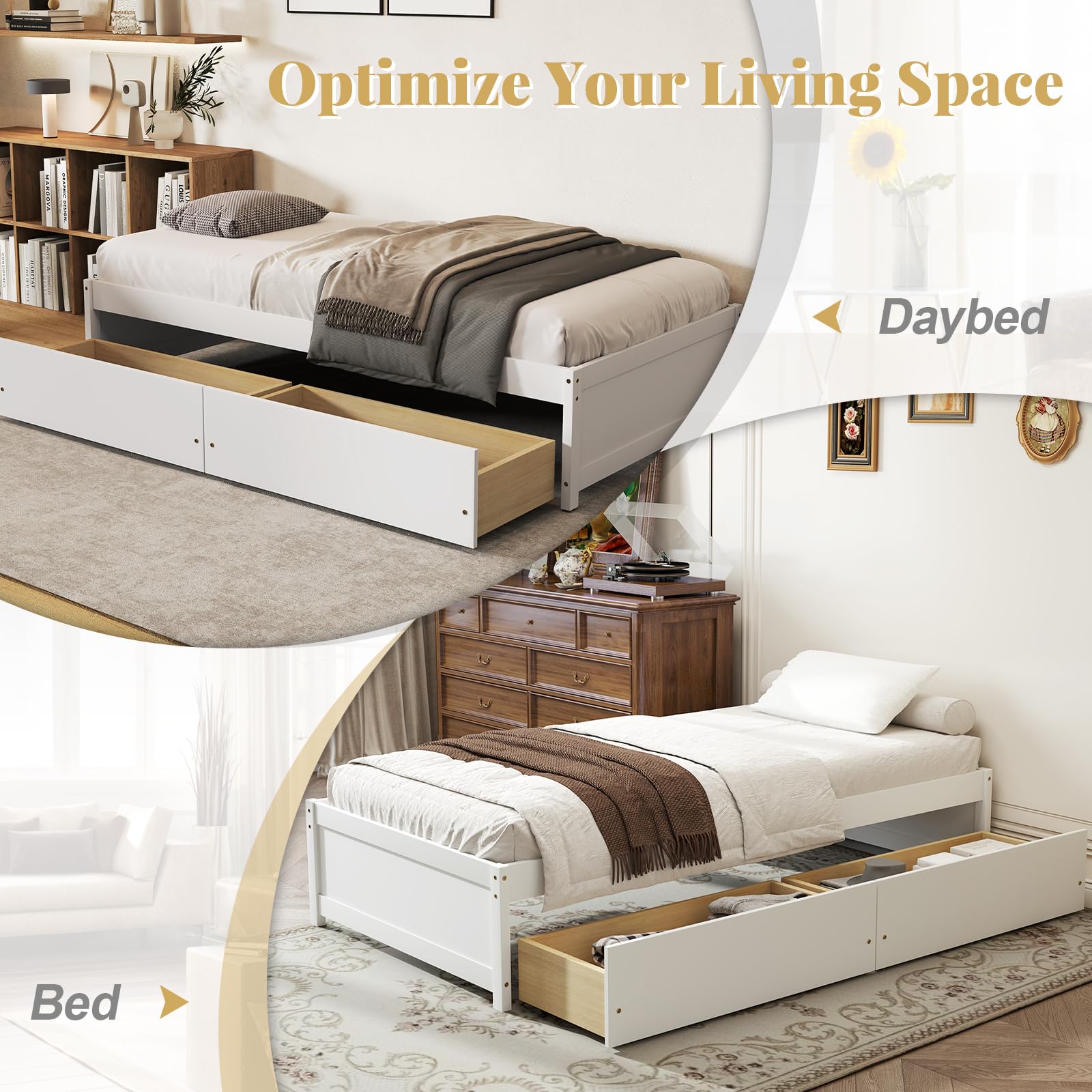 Bed Frame with 2 Storage Drawers, Solid Wood Platform Bed with Slats Support