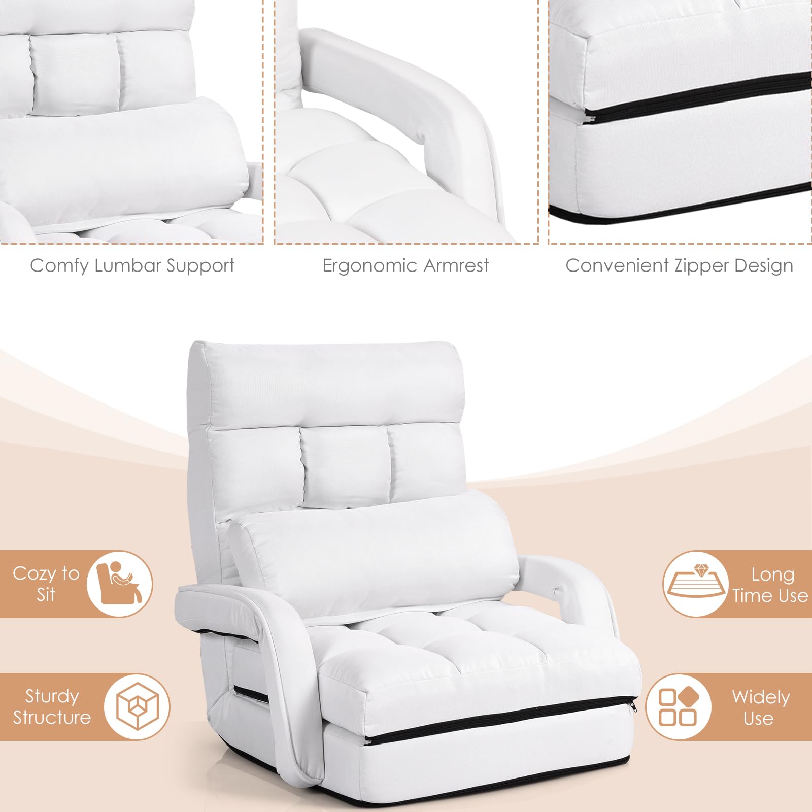 Adjustable Floor Chair, Folding Lazy Sofa Chair with 5 Positions, Detachable Seat Cushion