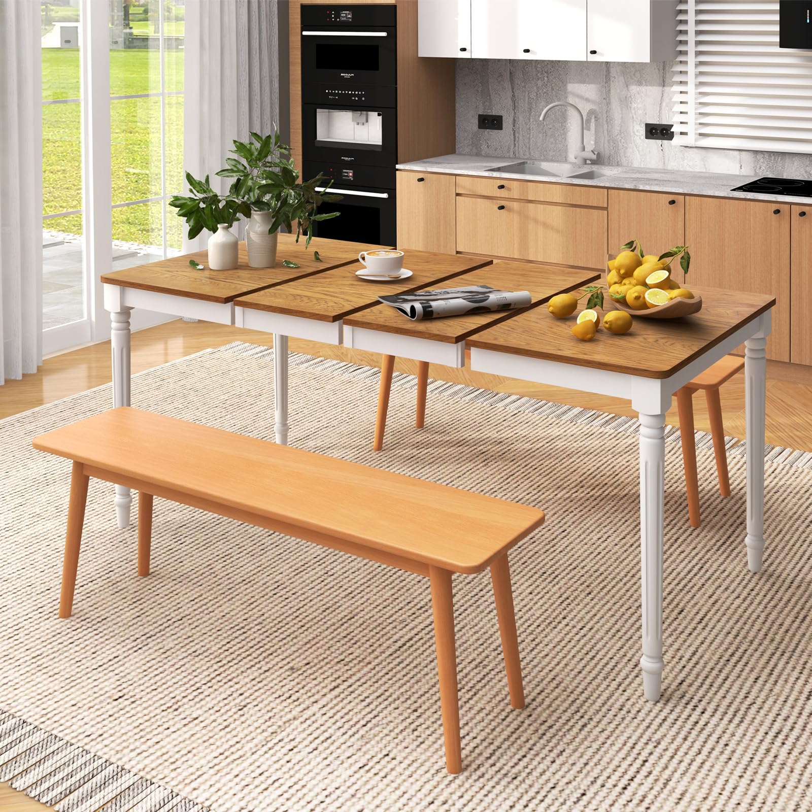 Extendable Dining Table for 4-8 People, Large Folding Kitchen Table with Rubber Wood Legs