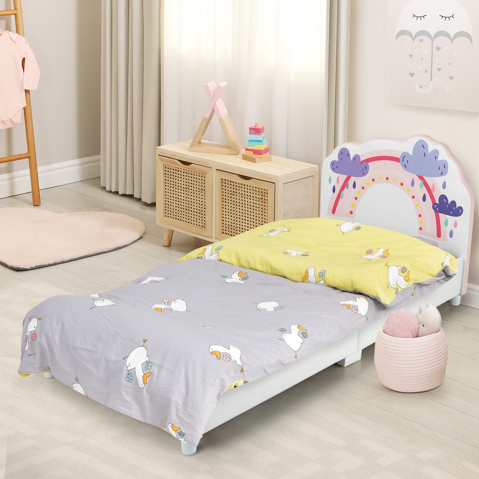 Kids Bed, Toddler Upholstered Platform Floor Bed w/Headboard & Wooden Slat Base