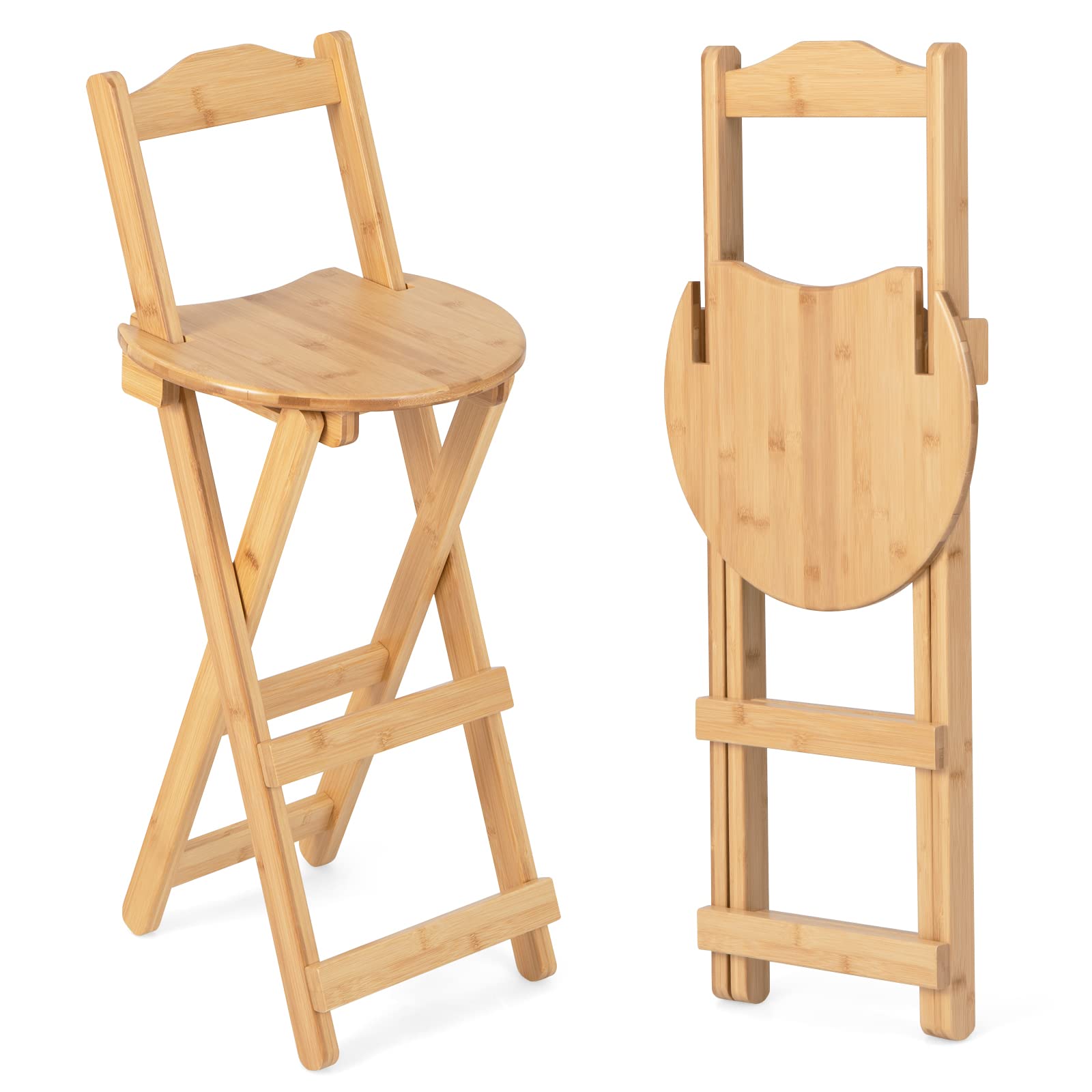 Folding Bamboo Bar Stools Set of 2/4, 24-inch Kitchen Counter Height Stools with Backrest and Footrest