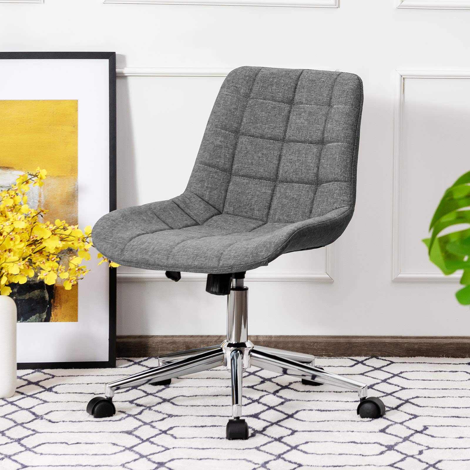 Modern Home Office Chair, Fabric Armless Leisure Chair w/Stable Metal Base and Rocking Function