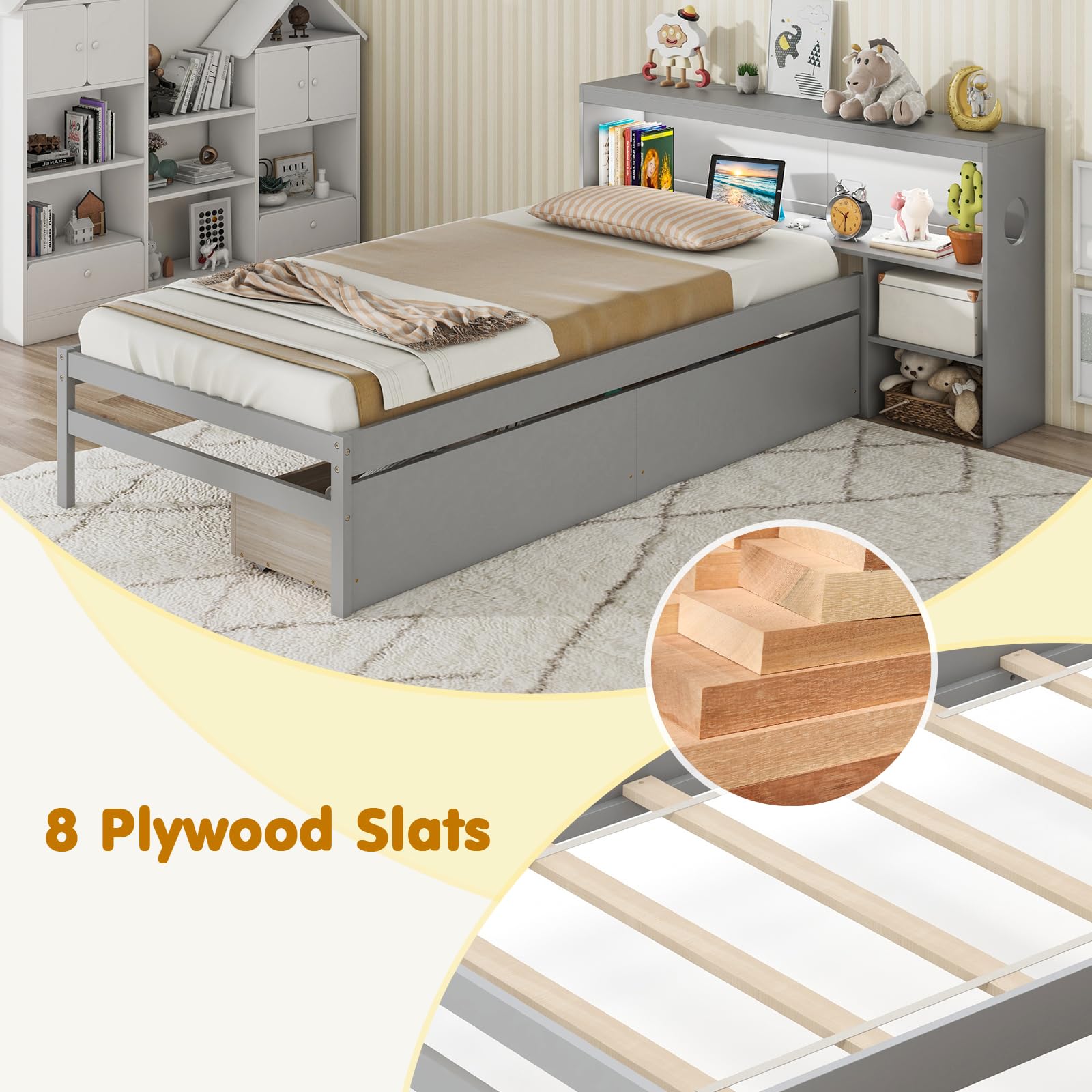 Wood Twin Bed Frame with Storage Drawer & Headboard, Modern Platform Bed with Charging Station & LED Light
