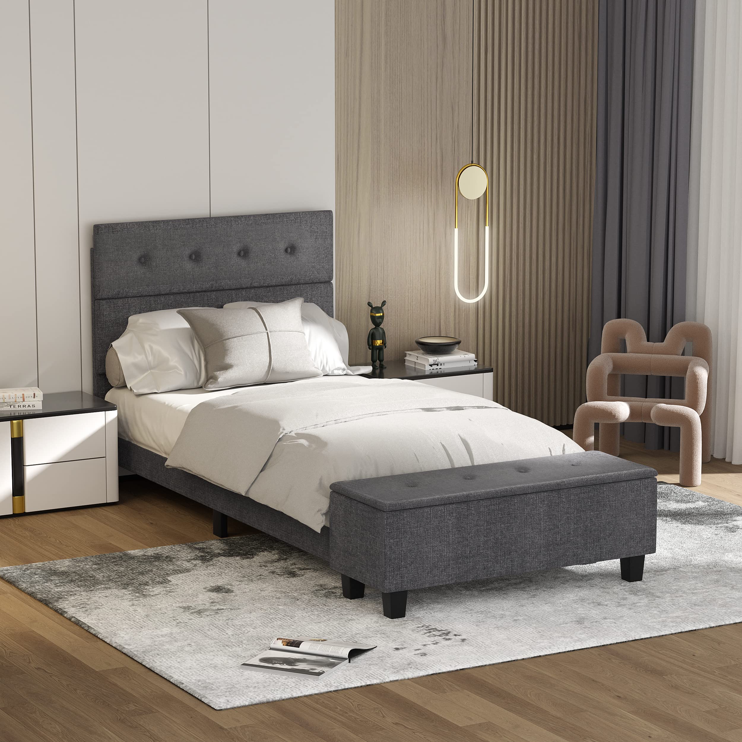 Full/Queen Size Upholstered Bed Frame with Ottoman Storage