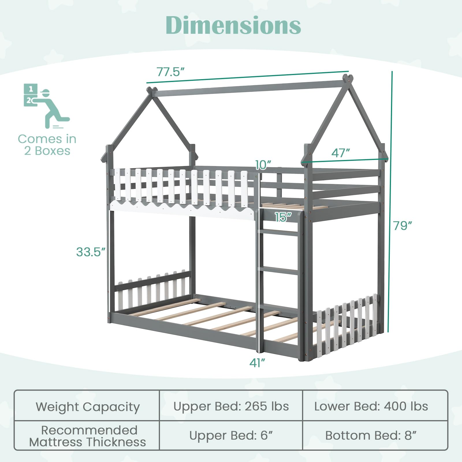 Wood Twin Over Twin House Bunk Bed, Solid Wood Low Bunk Bed with Ladder, Safety Guardrails & Fences