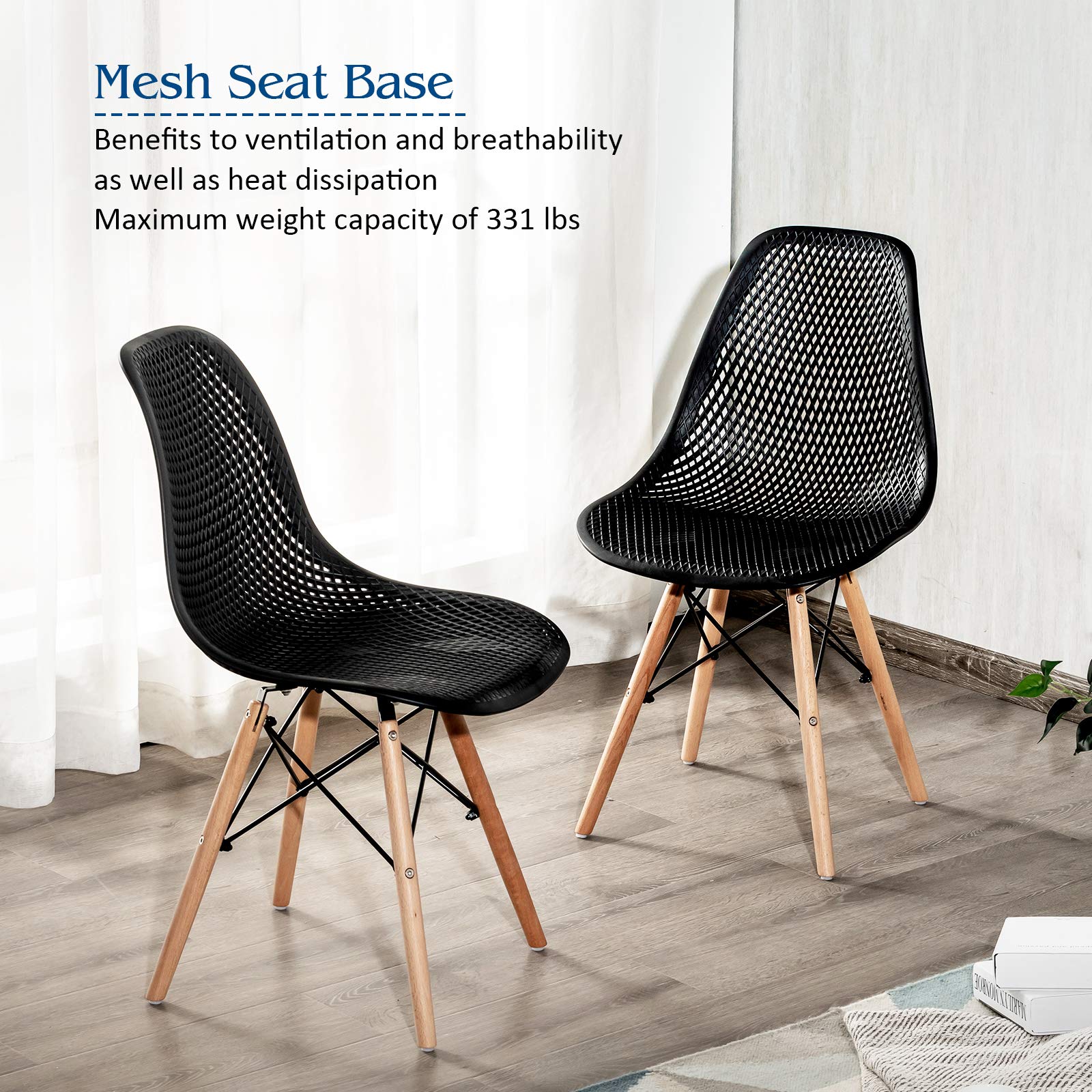 Set of 4 Modern Dining Chairs, Outdoor Indoor Shell PP Lounge Side Chairs with Mesh Design, Beech Wood Legs
