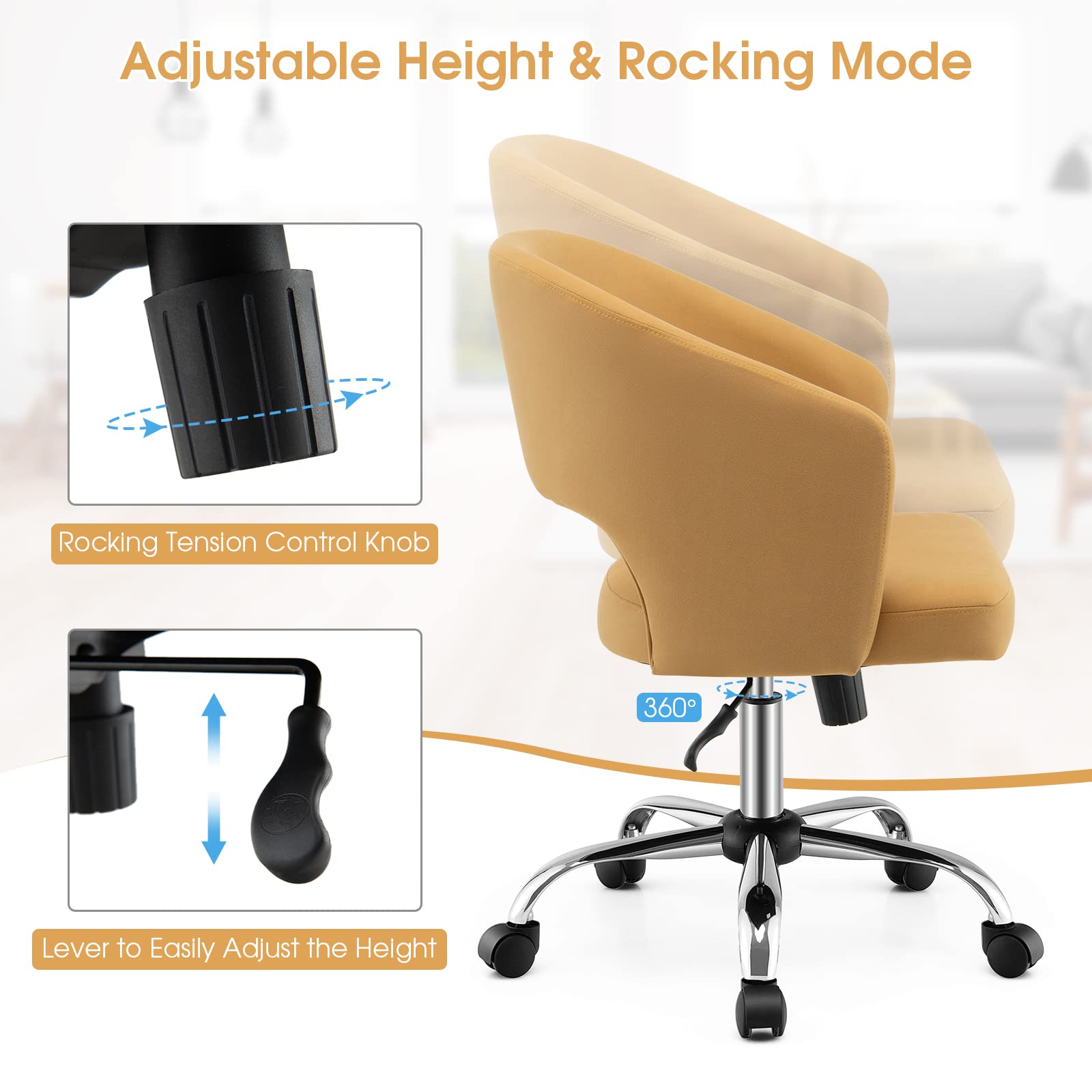 Home Office Desk Chair, Comfy Upholstered Chair with Hollow Design & Height Adjustable