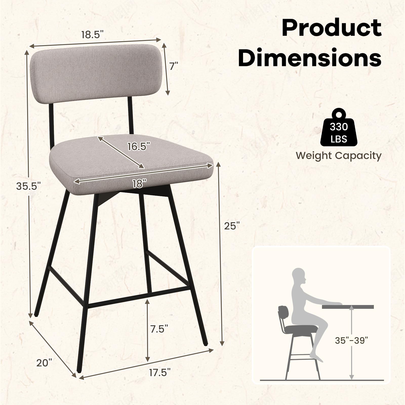 Bar Stools Set of 2/4, 25&rdquo; Upholstered Counter Height Bar Stools with Back