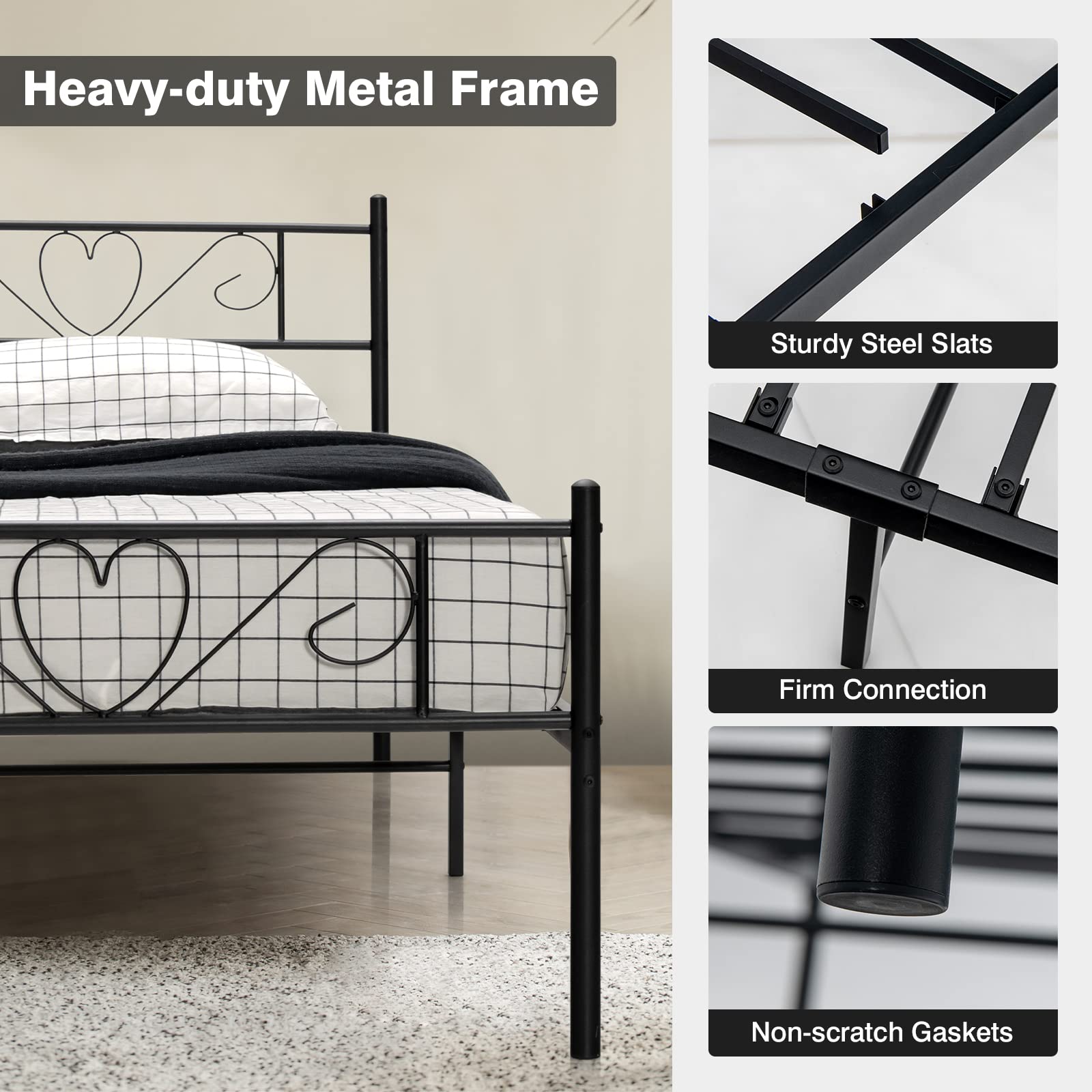 Twin XL Metal Bed Frame with Heart-Shaped Headboard & Footboard