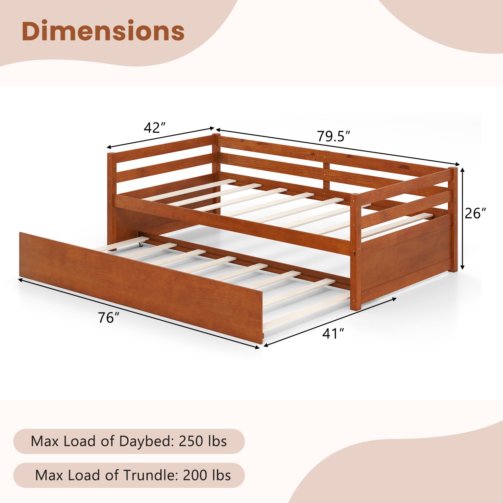 Twin Daybed with Trundle, Wood Trundle Bed with Wood Slat Support