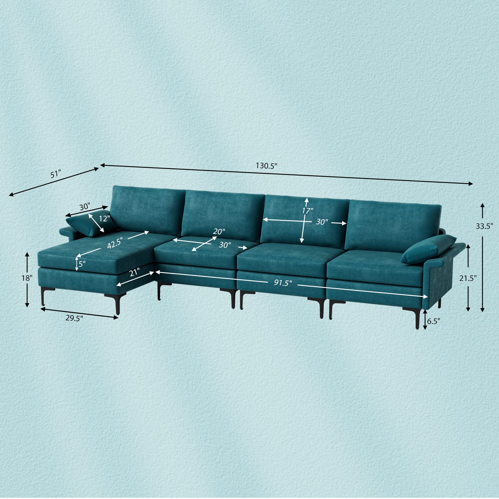 130.5 Inch Extra Large Convertible Sectional Sofa with Reversible Chaise Lounge, 3-Hole Outlets & 4 USB Ports