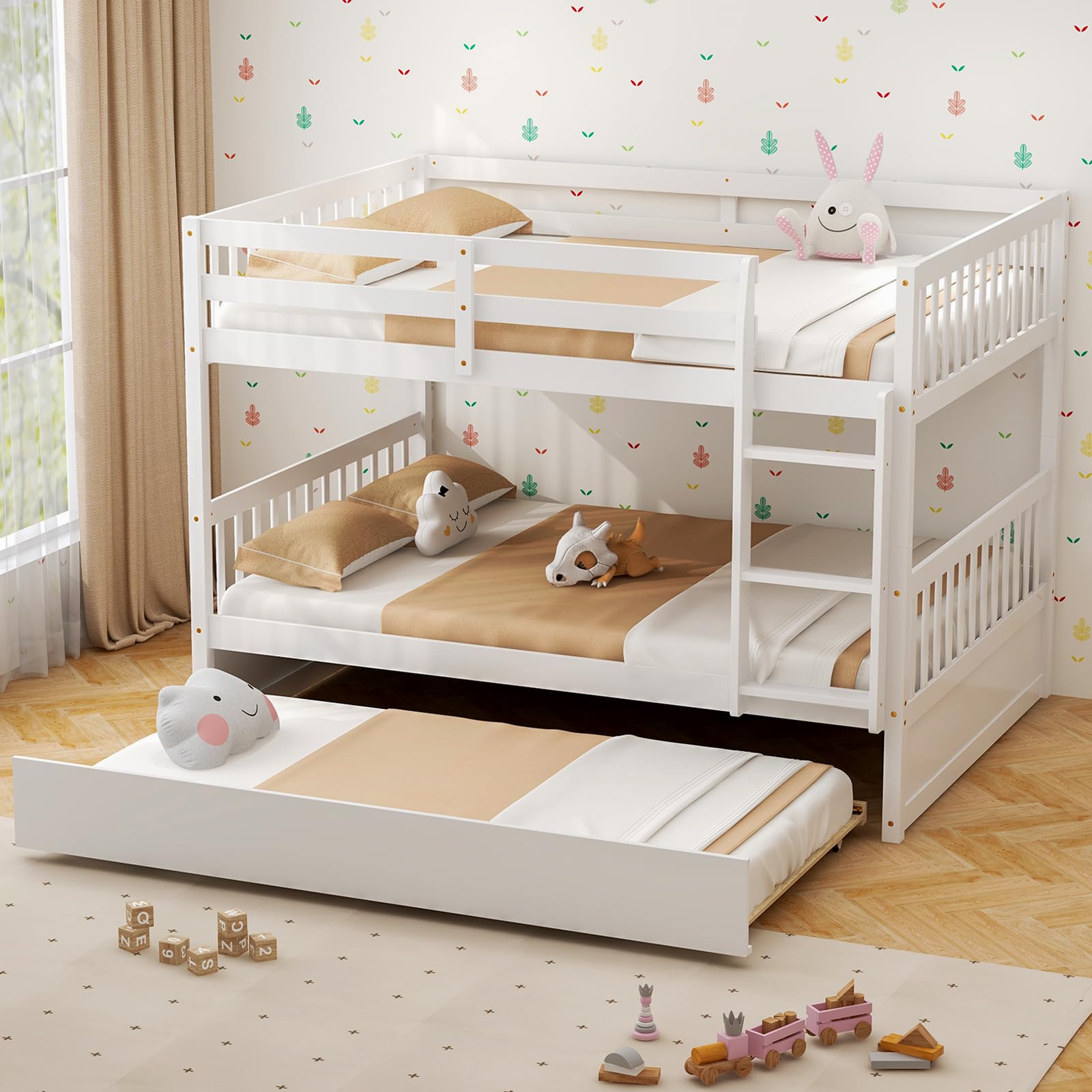 Full Over Full Wood Bunk Bed with Trundle, Ladder, Solid Wood Frame & Safety Guardrails