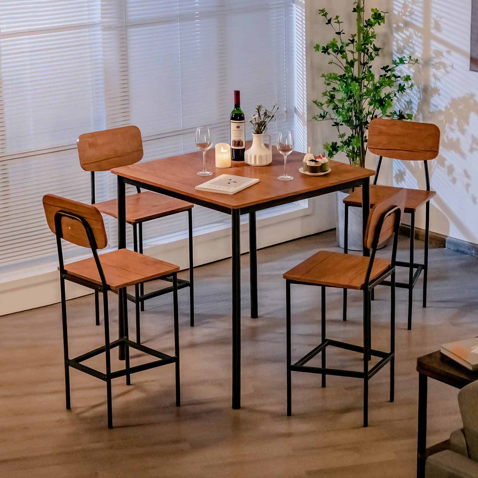5 Piece Dining Table Set with Counter Height Table & 4 Bar Stools, Industrial Kitchen Dining Table Set  with Footrest & Backrest